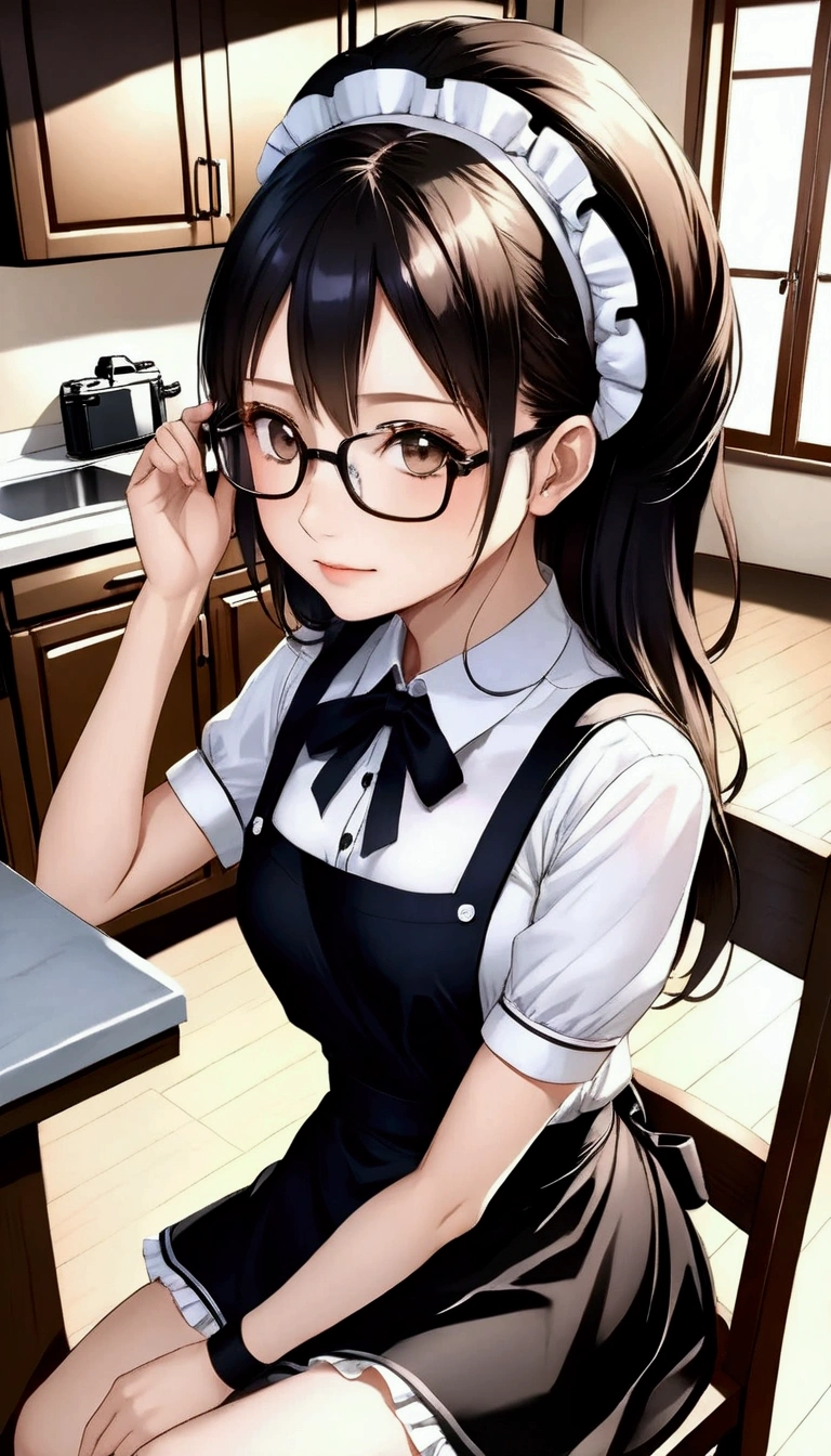 Top quality, high resolution, masterpiece, high resolution, textured skin, realism, detailed face, CG, Beautiful and very cute young woman (randomly selected race, hairstyle, hair length, hair color, with or without glasses) wearing shiny black knee-high socks (zettai ryouiki), black strap shoes, knee-length black maid apron, short-sleeved white blouse with buttons and frills, headband, bangles, anklets, ((full body)). [hands in pockets], [hands on hips], [fingers pushing up glasses] (center or edge of glasses), [hands clasped behind back], [leaning forward slightly with hands on knees], [sitting in chair (position random)], [cleaning], [cooking in kitchen], [other poses], woman randomly chooses one of these poses: 5.5), (camera angles randomly determined from all angles including steep angles with focus on woman: 5.8), (locations indoors, kitchen/dining room, living room, hallway, staircase, bedroom, rooftop balcony, indoor hallway, storage room or area, garden, study, laundry room, randomly chosen one of these), (morning, afternoon, evening, night, weather, also random: 5.4), perfect hands, feet and body structure