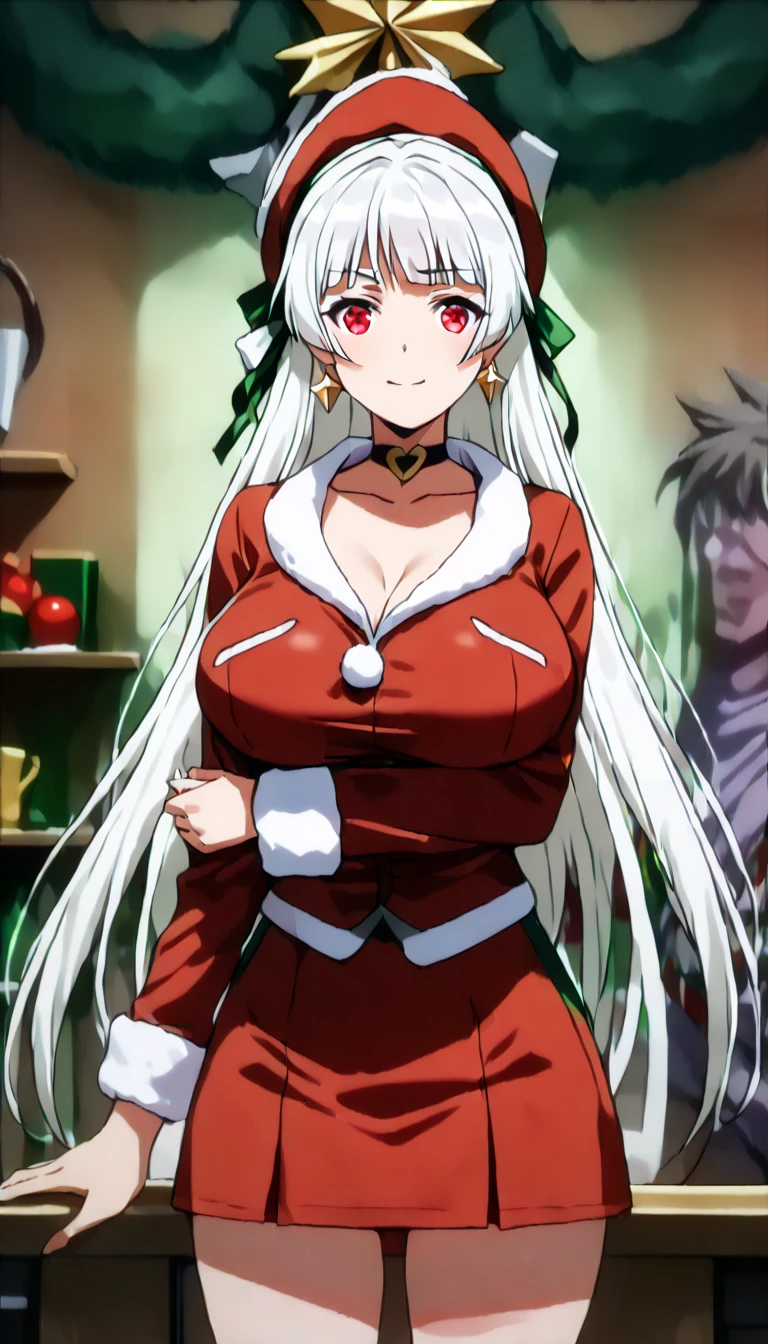 background at room, There&#39;Christmas tree over there, cleavage, pup_Pants, pup, 
(Black_Single_horn:1.1), 
Purple_hair, Purple_Eyes, Bangs,high_Ponytail,
1 girl, 20yr old, infp young woman, Beautiful Finger, Beautiful long legs, Beautiful body, 
Beautiful nose, Beautiful character design, Perfect eyes, Perfect face, Expressive eyes, Perfect balance,
Looking at Viewer, Closed mouth, (Innocent_Big_Eyes:1.0) ,(light_Smile:0.3), 
Official art, Highly detailed CG Unity 8k wallpaper, Perfect Lighting, Colorful, Bright_front_Face_Lighting, White skin, 
(masutepiece:1.0), (best_quality:1.0), 超A high resolution, 4K, Ultra-detailed, 
Photography, 8K, nffsw, hight resolution, absurderes:1.2, Kodak Portra 400, Film grain, Blurry background, Bokeh:1.2, Lens Flare, (Vibrant_Color:1.2),professional photograpy,
(Beautiful,Large_breasts:1.4), (Red Santa Dresses:1.3), (off shoulders:1.1), (Red Santa Hats:1.3), (Have a gift:1.3)
