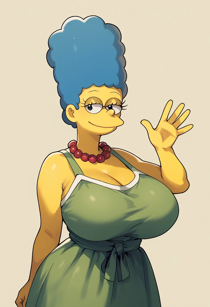 margue simpson, huge tits con enormes muslos anchos, huge tits, surprised expression, mirada a huge tits, short green dress, blue fur, yellow skin, big thighs, hands holding giant tits 
