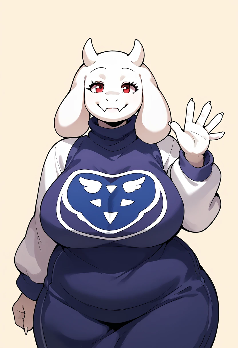 score_9, score_8_up, score_7_up, score_6_up, rating_safe, toriel, furry, huge breasts, waving, smile, very up-close, portrait, simple background, bedroom eyes,