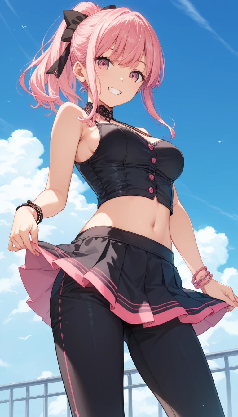 score_9, score_8_up, score_7_up,source_anime,anatomically correct, best perspective, 1 cute girl, pink hair, ponytail, black ribbon, pink eyes,  mouth、Smile, medium breasts, black onepiece,mini skirt,Scale4  ,椅子に座る、 black pants are visible、