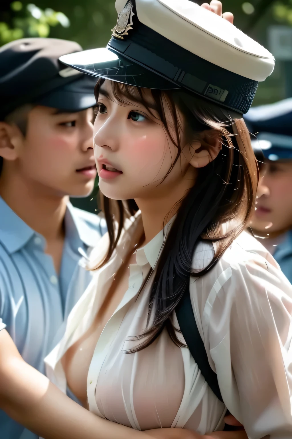 (  Masterpiece 、  top quality、  super high resolution )、(  perfect face、  facial beauty、    beautiful eyes  )、(cry、  resists 、  Embarrassing  、  blanking in the heart of the city)、police officer、 Japan Police Uniform 、Policewoman hat、sweat、 Big Breasts 、Nipples、 can you see nipples through gaps in clothes、The button comes off  、  dress shirt 、  white shirt、  my clothes are see-through  、  Embarrassing  、  blanking in the heart of the city、Molester、Grip the gun、gun、((nsfw),(  1 male and 1 female  ,  sex),( I'm surrounded by many men 、 a man hugs a woman 、 Men's ribbed underarms     、)、Side View