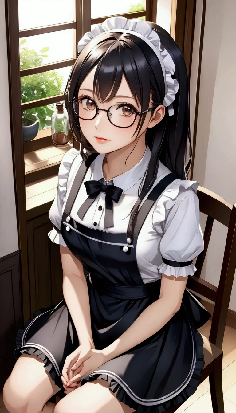 Top quality, high resolution, masterpiece, high resolution, textured skin, realism, detailed face, CG, Beautiful and very cute young woman (randomly selected race, hairstyle, hair length, hair color, with or without glasses) wearing shiny black knee-high socks (zettai ryouiki), black strap shoes, knee-length black maid apron, short-sleeved white blouse with buttons and frills, headband, bangles, anklets, ((full body)). [Hands in pockets], [Hands on hips], [Fingers pushing up glasses] (center or edge of glasses), [Hands clasped behind back], [Leaning forward slightly with hands on knees], [Sitting in a chair (sitting position random)], [Cleaning], [Cooking in kitchen], [Other poses], Woman randomly chooses one of these poses: 5.5), (Camera angles are randomly determined from all angles including steep angles with focus on woman: 5.8), (Kitchen dining, living room, hallway, stairs, bedroom, rooftop balcony, indoor entrance, storage room or location, garden, study, laundry room, somewhere indoors, location is randomly selected from these), (Morning, afternoon, evening, night, weather, also random: 5.4), Perfect hands, feet and body structure