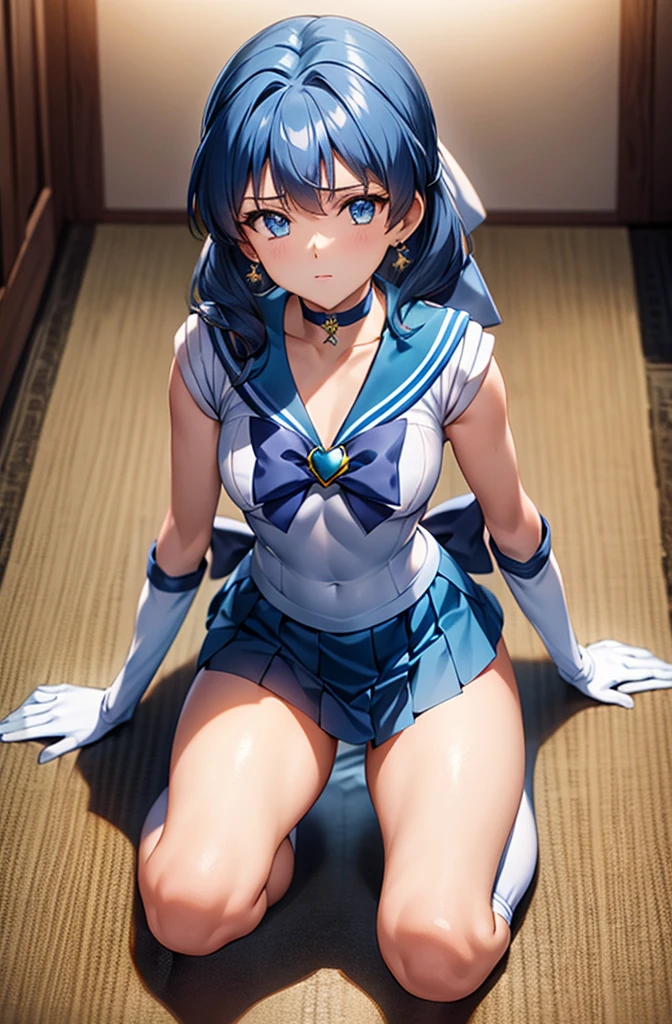 ,  tiara ,  Sailor Warrior Uniform ,  Blue Sailor Color , bow,  Knee High Boots ,  choker ,  white gloves, blue  choker , elbow gloves, gem,  earrings, blue skirt,Panty Lift, sexual climax , stand on all fours, Look Behind