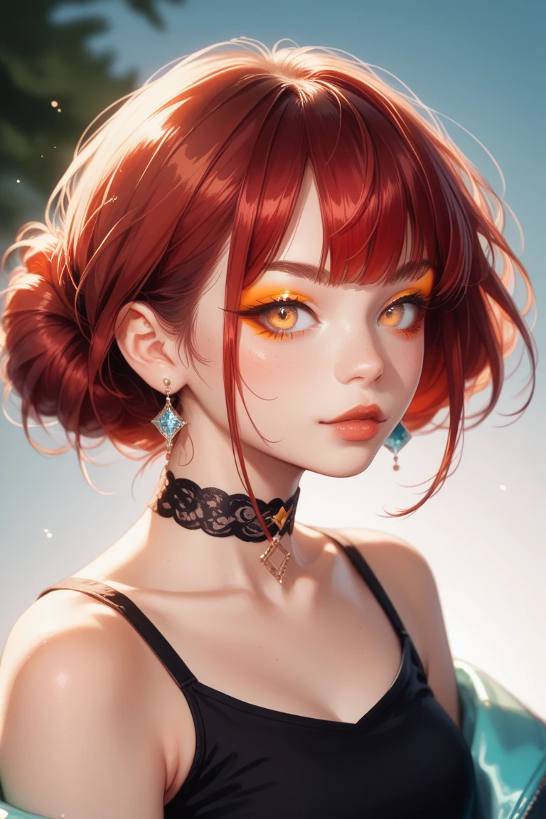 A highly detailed digital painting of a young woman with dark red hair, styled sleek and straight, wearing a choker with X-shaped designs. She has large, expressive yellow eyes and a soft orange eyeliner , warm complexion. Her outfit is a modern black top with a stylish and elegant design. The background is softly blurred with pastel tones, creating a dreamy and serene atmosphere. The art style is vibrant and colorful, with a focus on smooth shading and delicate facial expressions, No earrings, anime style 