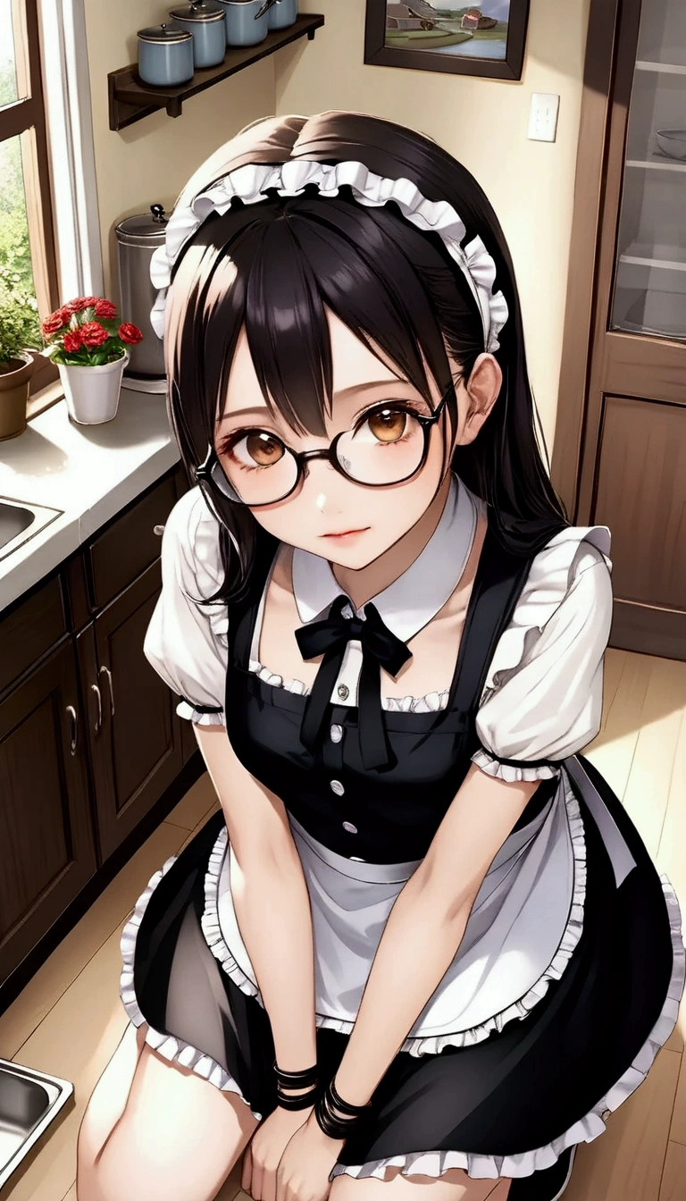 Top quality, high resolution, masterpiece, high resolution, textured skin, realism, detailed face, CG, Beautiful and very cute young woman (randomly selected race, hairstyle, hair length, hair color, with or without glasses) wearing shiny black knee-high socks (zettai ryouiki), black strap shoes, knee-length black maid apron, short-sleeved white blouse with buttons and frills, headband, bangles, anklets, ((full body)). [Hands in pockets], [Hands on hips], [Fingers pushing up glasses] (center or edge of glasses), [Hands clasped behind back], [Leaning forward slightly with hands on knees], [Sitting in a chair (sitting position random)], [Cleaning], [Cooking in kitchen], [Other poses], Woman randomly chooses one of these poses: 5.5), (Camera angles are randomly determined from all angles including steep angles with focus on woman: 5.8), (Kitchen dining, living room, hallway, stairs, bedroom, rooftop balcony, indoor entrance, storage room or location, garden, study, laundry room, somewhere indoors, location is randomly selected from these), (Morning, afternoon, evening, night, weather, also random: 5.4), Perfect hands, feet and body structure