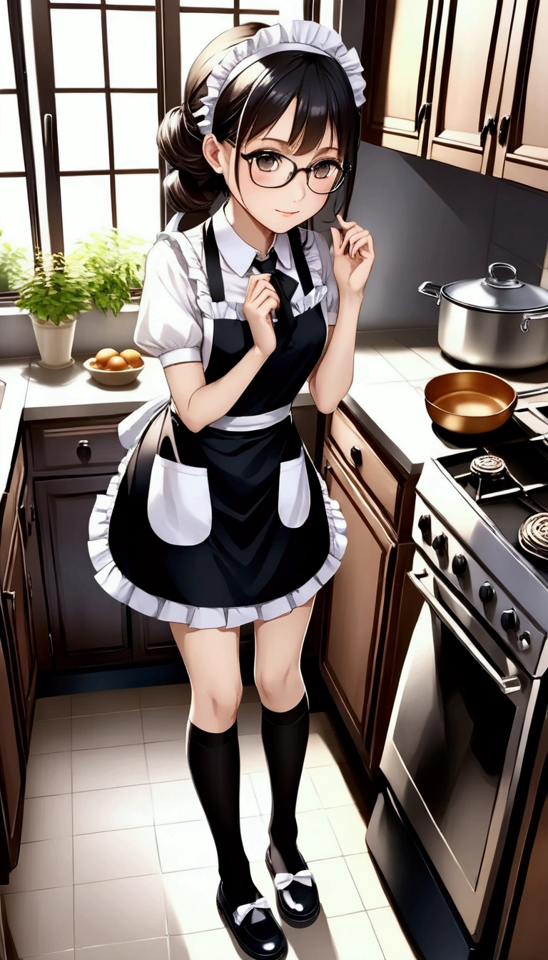 Top quality, high resolution, masterpiece, high resolution, textured skin, realism, detailed face, CG, Beautiful and very cute young woman (randomly selected race, hairstyle, hair length, hair color, with or without glasses) wearing shiny black knee-high socks (zettai ryouiki), black strap shoes, knee-length black maid apron, short-sleeved white blouse with buttons and frills, headband, bangles, anklets, ((full body)). [Hands in pockets], [Hands on hips], [Fingers pushing up glasses] (center or edge of glasses), [Hands clasped behind back], [Leaning forward slightly with hands on knees], [Sitting in a chair (sitting position random)], [Cleaning], [Cooking in kitchen], [Other poses], Woman randomly chooses one of these poses: 5.5), (Camera angles are randomly determined from all angles including steep angles with focus on woman: 5.8), (Kitchen dining, living room, hallway, stairs, bedroom, rooftop balcony, indoor entrance, storage room or location, garden, study, laundry room, somewhere indoors, location is randomly selected from these), (Morning, afternoon, evening, night, weather, also random: 5.4), Perfect hands, feet and body structure