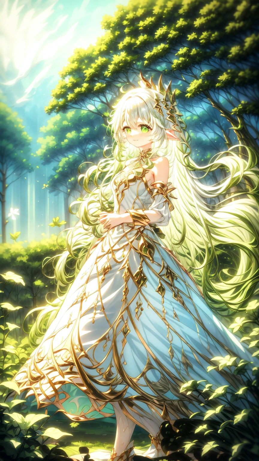 magical、  looking at the camera  、A smile、 fluffy and long green hair、hair in the wind、Colossal 、neckline、  White princess dresses  、Courtesy、  in the woods、Lots of overgrown plants  ,rukkadevata,long skirt