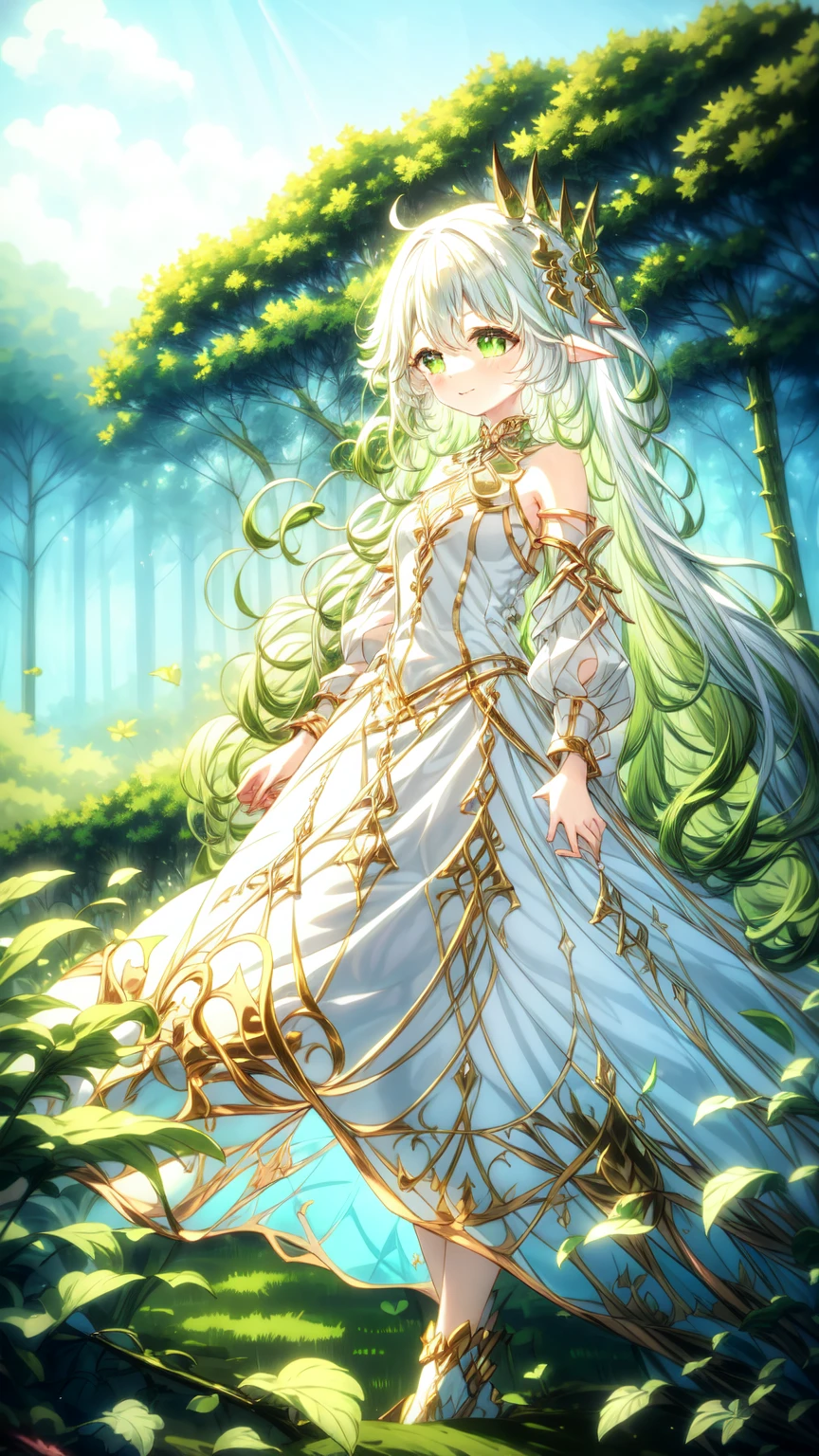 magical、  looking at the camera  、A smile、 fluffy and long green hair、hair in the wind、Colossal 、neckline、  White princess dresses  、Courtesy、  in the woods、Lots of overgrown plants  ,rukkadevata,long skirt