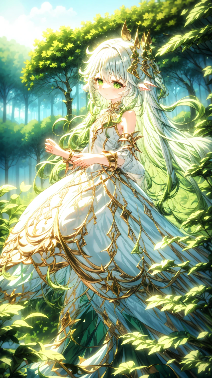 magical、  looking at the camera  、A smile、 fluffy and long green hair、hair in the wind、Colossal 、neckline、  White princess dresses  、Courtesy、  in the woods、Lots of overgrown plants  ,rukkadevata,long skirt