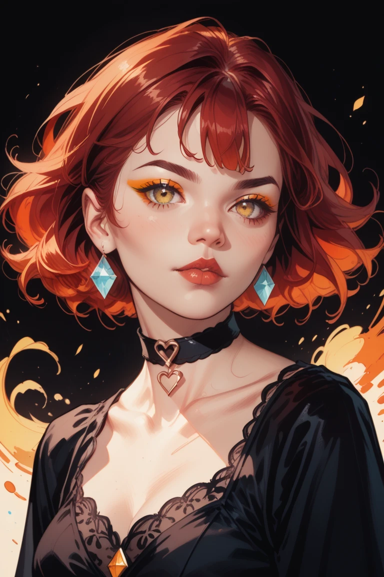 A highly detailed digital painting of a young woman with dark red hair, styled sleek and straight, wearing a choker with X-shaped designs. She has large, expressive yellow eyes and a soft orange eyeliner , warm complexion. Her outfit is a modern black top with a stylish and elegant design. The background is softly blurred with pastel tones, creating a dreamy and serene atmosphere. The art style is vibrant and colorful, with a focus on smooth shading and delicate facial expressions, No earrings, anime style 