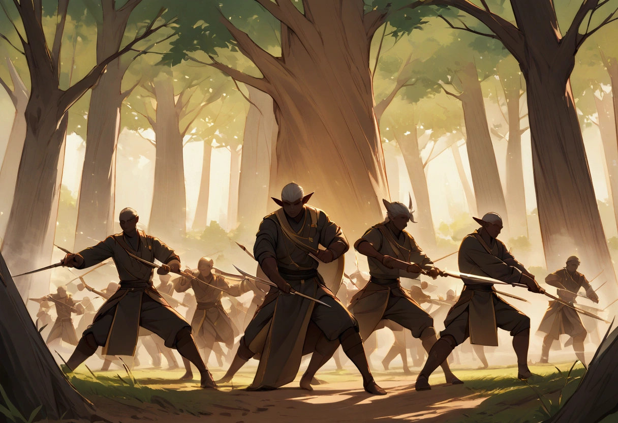 A vast training ground stretches out beneath a golden dusk sky, with dark elves with dark skin spread out in formation on the horizon. The scene is abuzz with coordinated activity: groups practice hand-to-hand combat, the glint of blades reflecting the sunlight; archers fire arrows accurately at distant targets; others, with spears and shields, perform synchronized movements. Military tents are scattered across the ground, erected with flags that flutter gently in the wind, representing their allegiances. The ground is a mix of grass and hard-packed earth, marked by footprints and signs of intense training. A light dust rises into the air, mingling with the energy of the place, while sounds of commands and shouts echo in the distance. Tall trees surround the field, creating a dramatic contrast to the vibrant movement of the elves training.