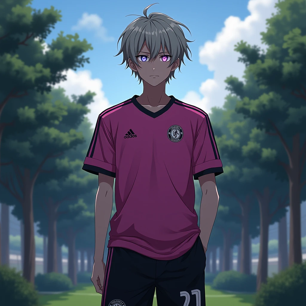 Nagi Seichirou, anime boy, teen, mature,  pink and black soccer uniform , light hair,  multicolored eyes , soccer camp, fullbody, Dark aura