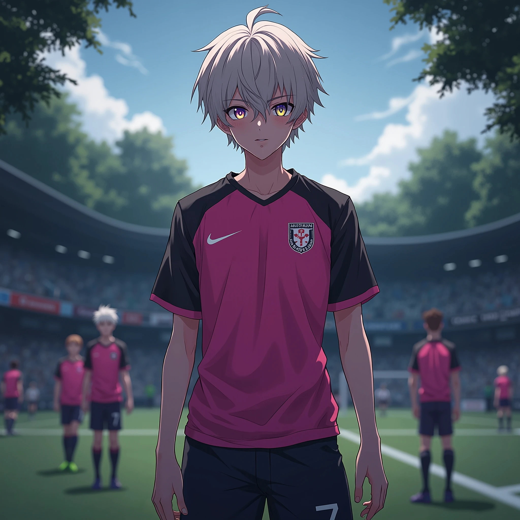 Nagi Seichirou, anime boy, , mature,  pink and black soccer uniform , light hair,  multicolored eyes , soccer camp, fullbody, Dark aura