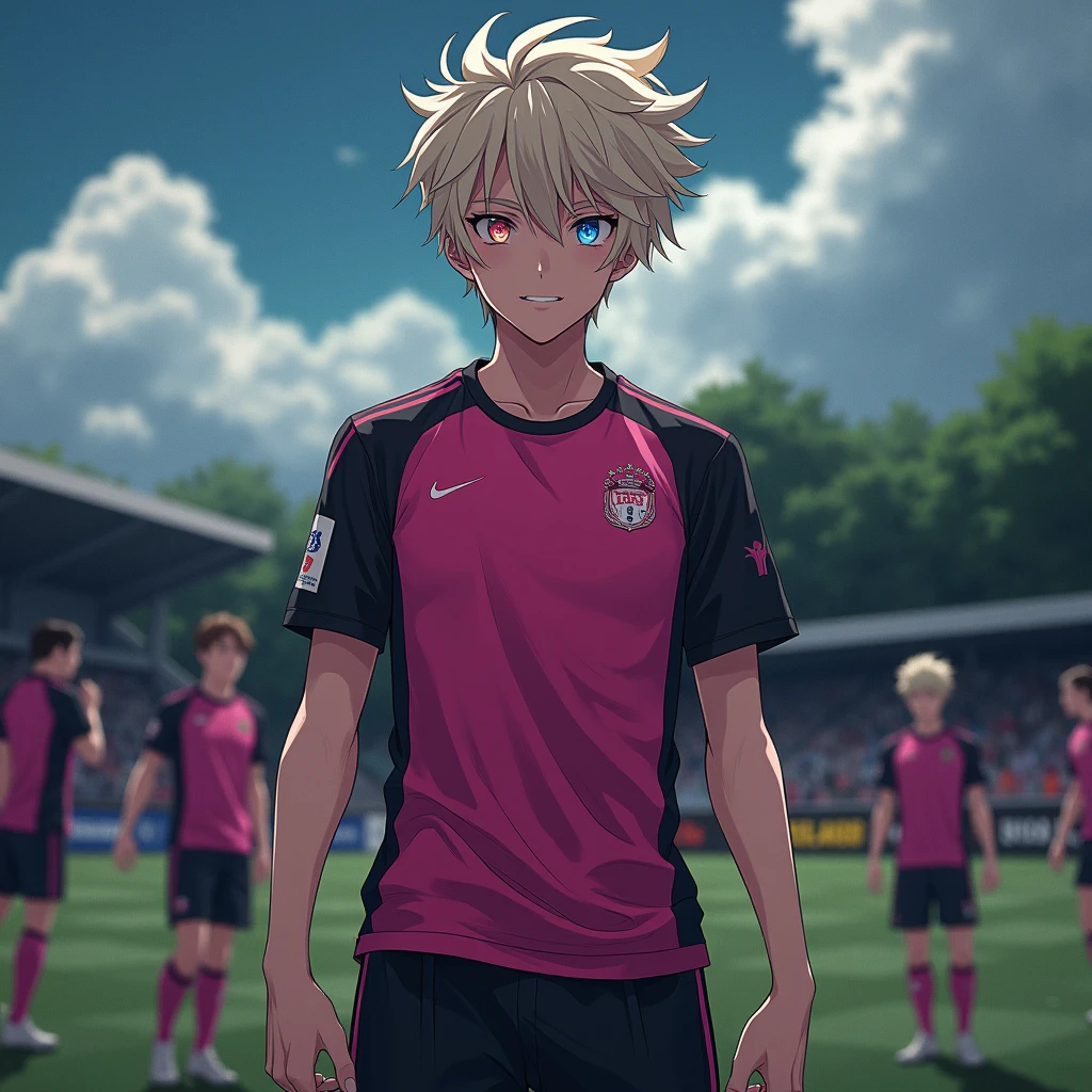 Nagi Seichirou, anime boy, teen, mature,  pink and black soccer uniform , light hair,  multicolored eyes , soccer camp, fullbody, Dark aura