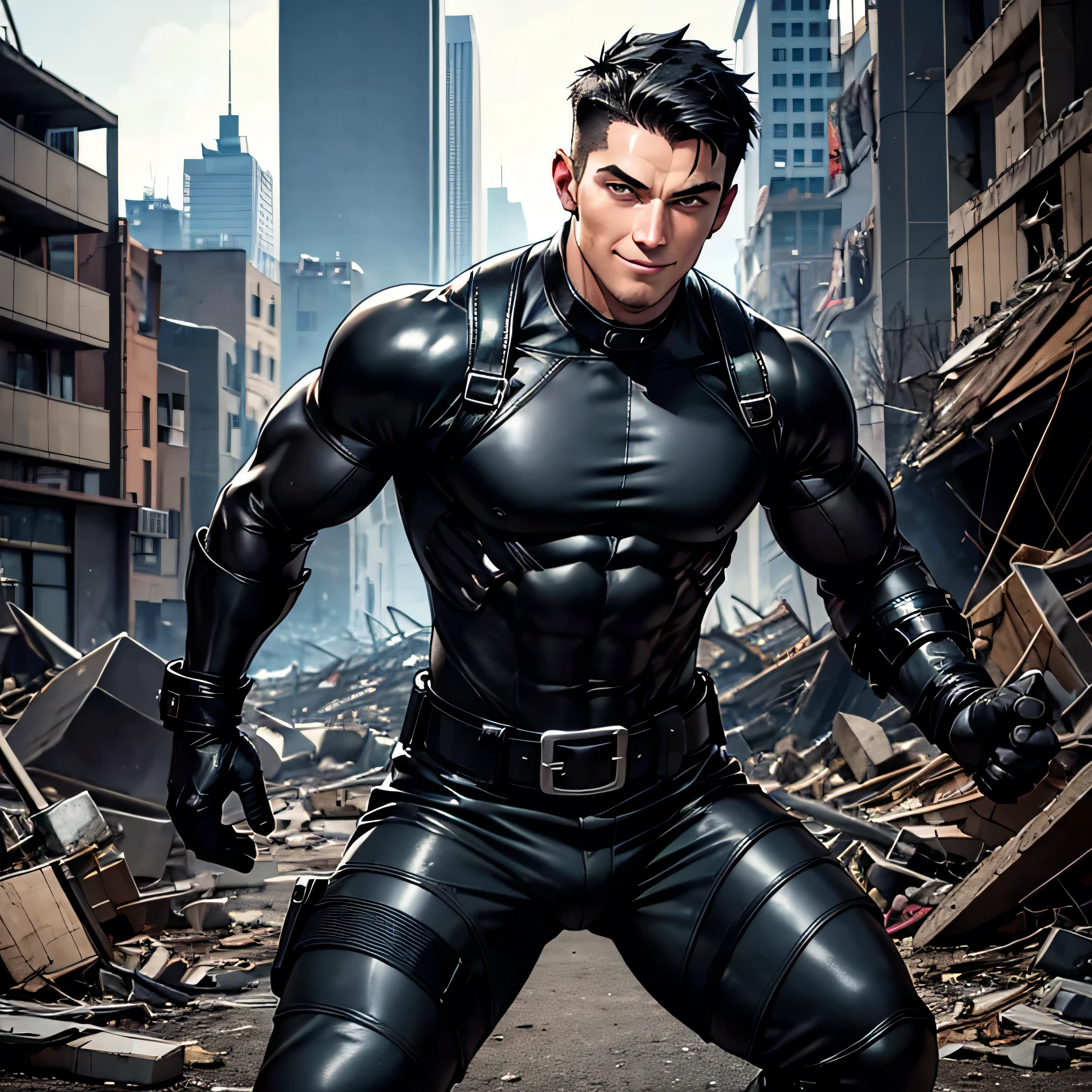 Age 27, One Man,Muscular、 black bodysuit 、 black leather pants 、Shocker Belt、 black gloves 、 black boots 、Combatant、Combat pose、 Face、City of Rubble bombing inflammation feet Spread it out、 cool battle pose 、Gay、logic、Handsome soldier Cool guy Upper Body Up Release the machine gun Smile