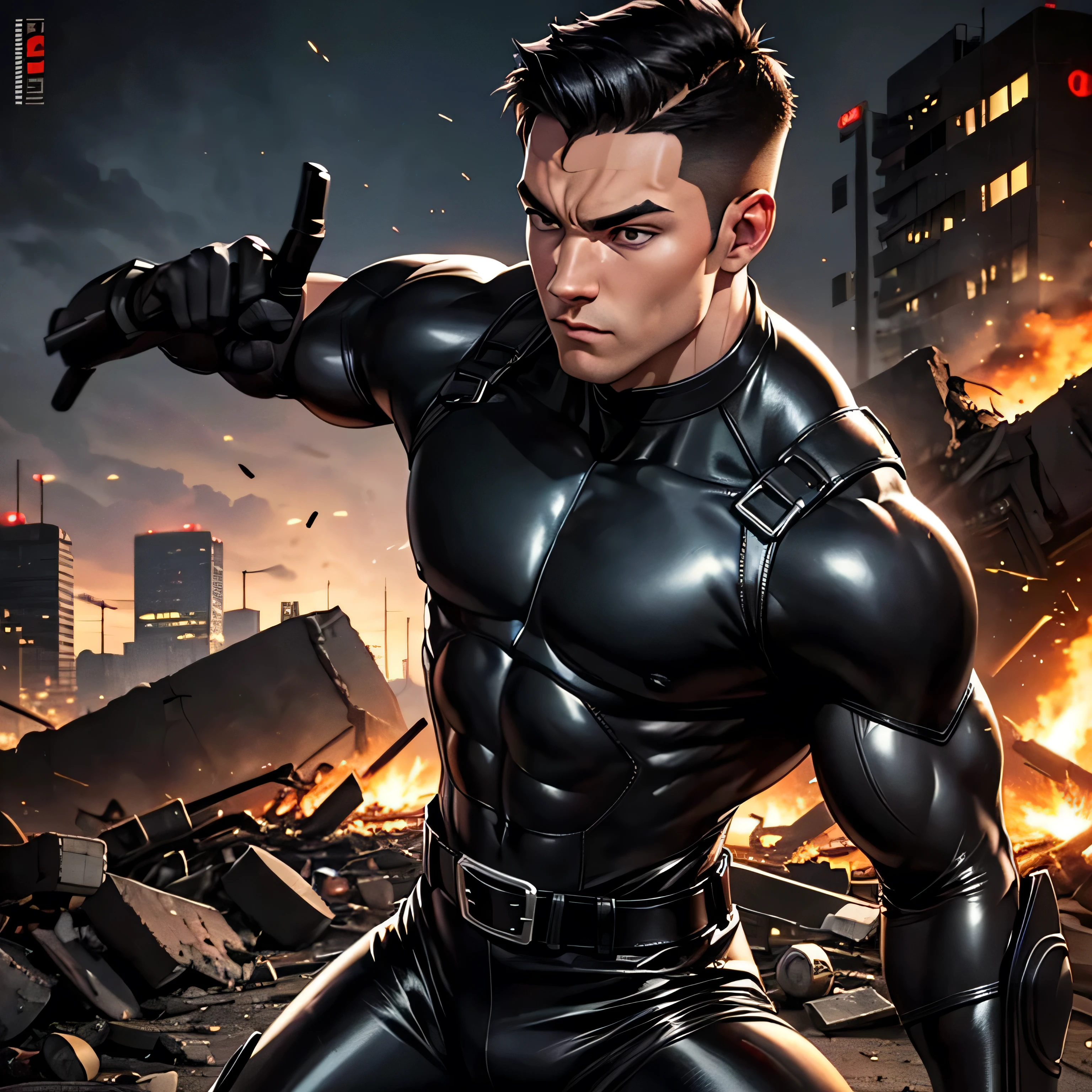 23 years old,  One Man,Muscular、 black bodysuit 、 black leather pants 、Shocker Belt、 black gloves 、  black boots 、Combatant、Combat pose、 Face、City of Rubble　bombing　inflammation　　 feet 　Spread it out、 cool battle pose 、Gay、logic、Handsome soldier　　Cool guy　　  Upper Body Up 　Release the machine gun
