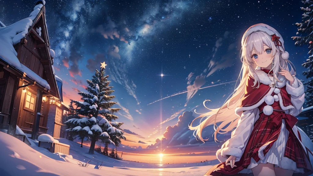 かわいいアニメ Smiling s、、 Dynamic、 long hair、 looking up at the Christmas tree ,( best smile、 Christmas style ,Snow Scene,)Night Sky,Dreamlike、 enchantment、 Shine、Warm colors、 soft lighting , Smiling s、星のようにShine 心をつなぐ、Melody of Kindness 