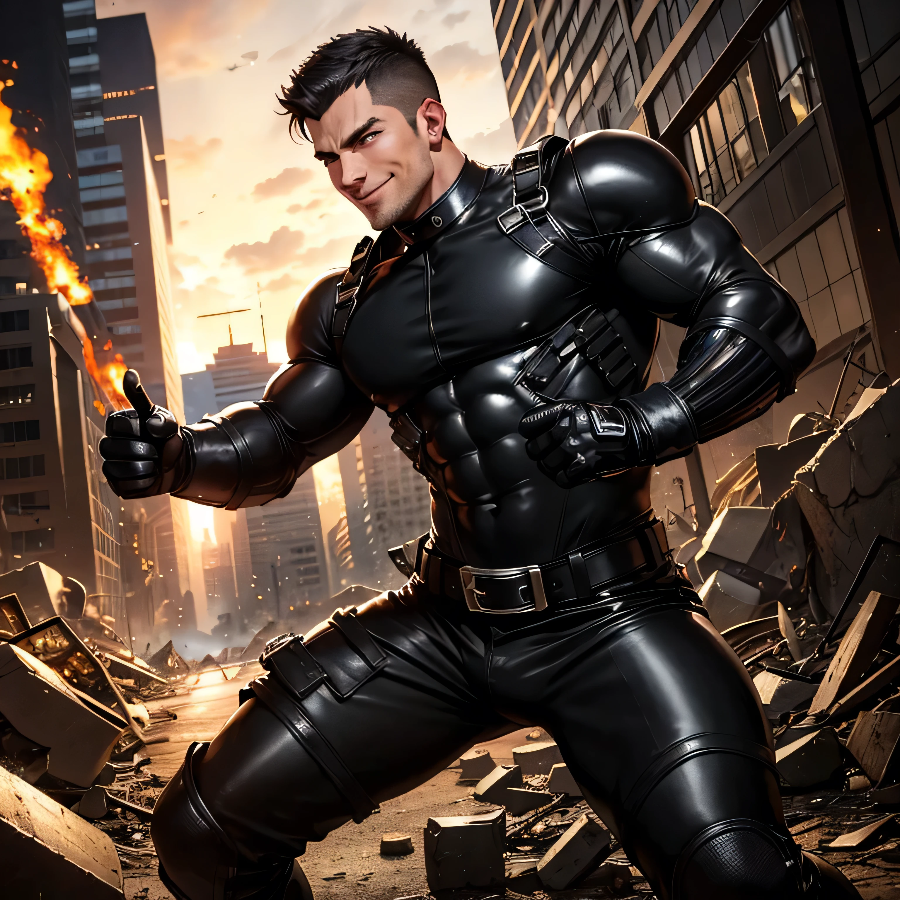 Age 27,  One Man,Muscular、 black bodysuit 、 black leather pants 、Shocker Belt、 black gloves 、  black boots 、Combatant、Combat pose、 Face、City of Rubble　bombing　inflammation　　 feet 　Spread it out、 cool battle pose 、Gay、logic、Handsome soldier　　Cool guy　　  Upper Body Up 　Release the machine gun　Smile