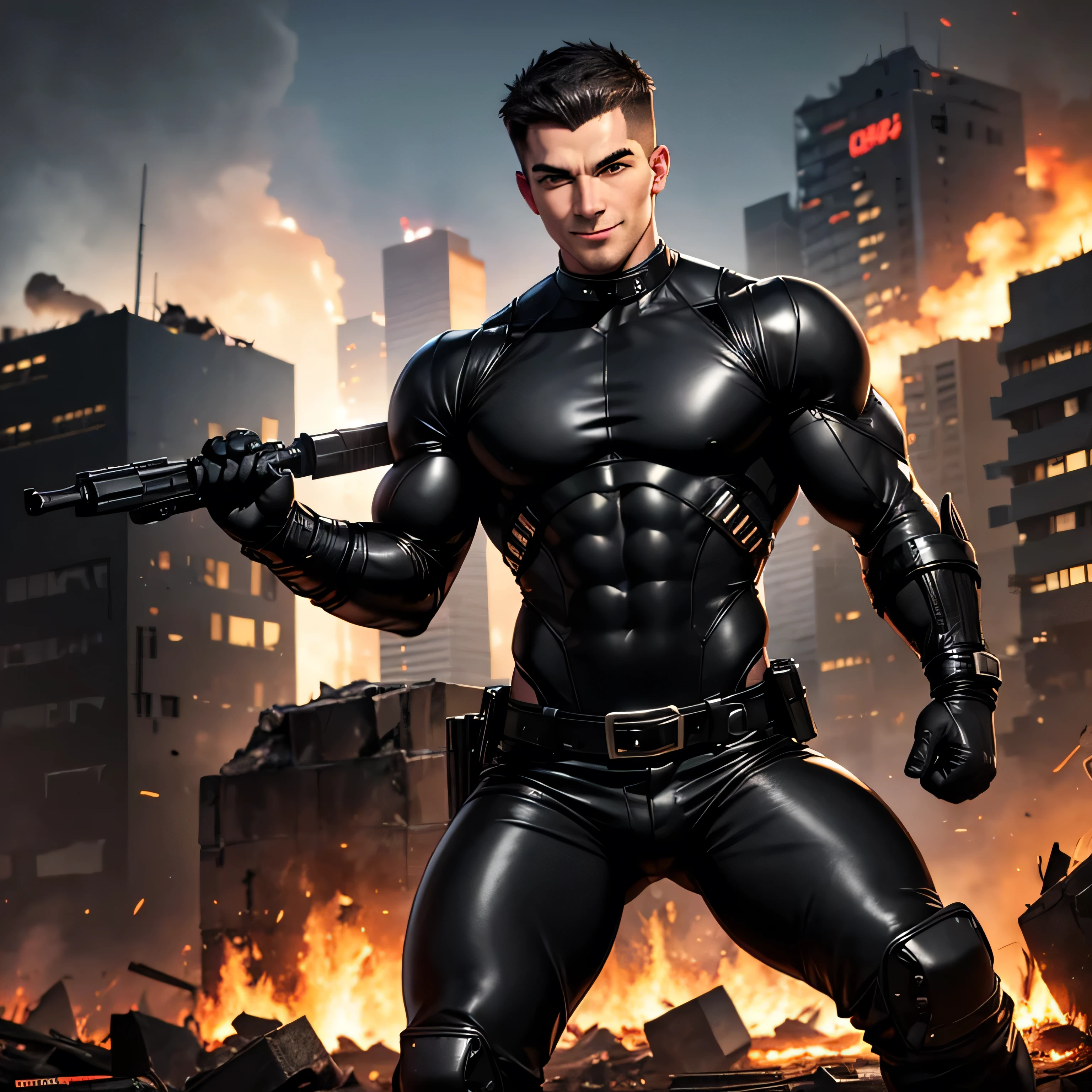 Age 27,  One Man,Muscular、 black bodysuit 、 black leather pants 、Shocker Belt、 black gloves 、  black boots 、Combatant、Combat pose、 Face、City of Rubble　bombing　inflammation　　 feet 　Spread it out、 cool battle pose 、Gay、logic、Handsome soldier　　Cool guy　　  Upper Body Up 　Release the machine gun　Smile