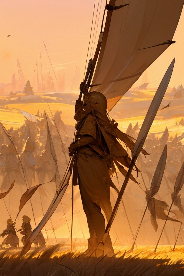 A vast training ground stretches out beneath a golden dusk sky, with dark elves with dark skin spread out in formation on the horizon. The scene is abuzz with coordinated activity: groups practice hand-to-hand combat, the glint of blades reflecting the sunlight; archers fire arrows accurately at distant targets; others, with spears and shields, perform synchronized movements. Military tents are scattered across the ground, erected with flags that flutter gently in the wind, representing their allegiances. The ground is a mix of grass and hard-packed earth, marked by footprints and signs of intense training. A light dust rises into the air, mingling with the energy of the place, while sounds of commands and shouts echo in the distance. Tall trees surround the field, creating a dramatic contrast to the vibrant movement of the elves training.