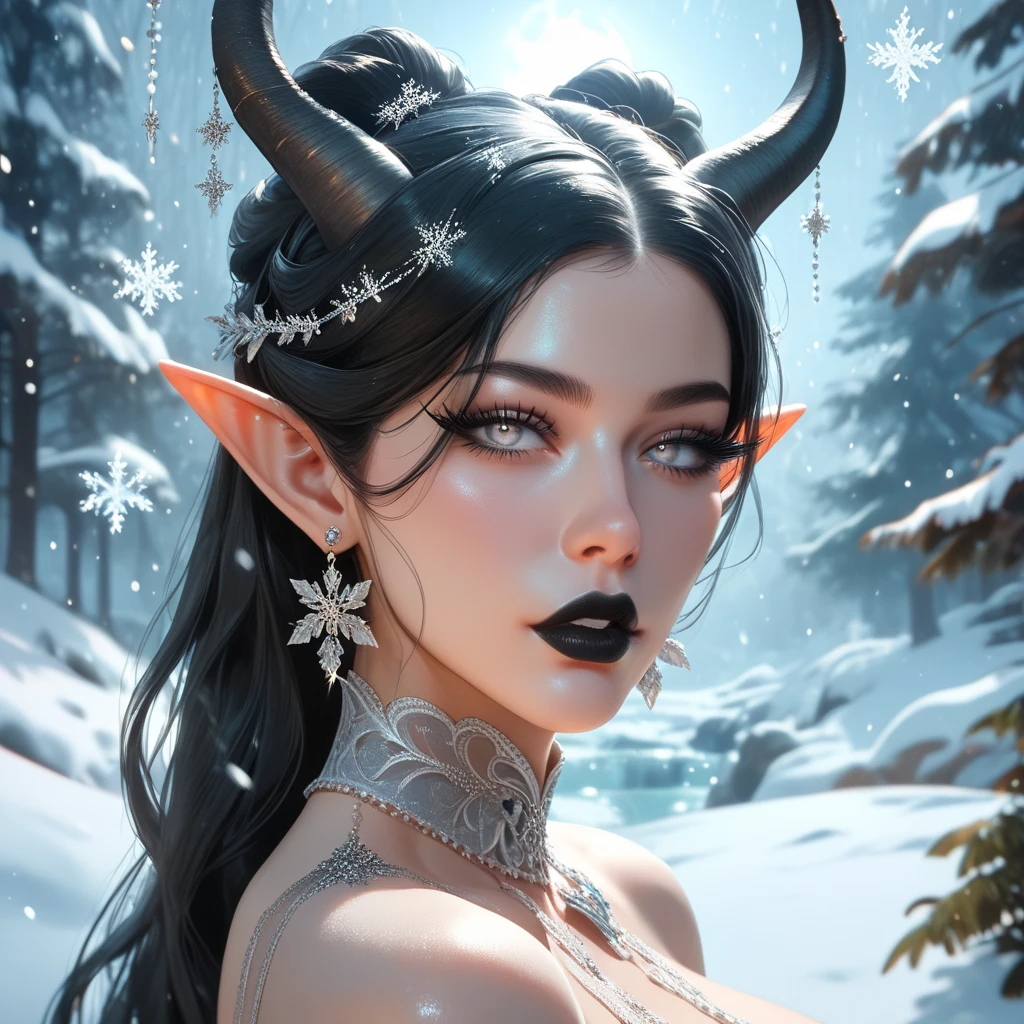 ((Masterpiece)), ((highres)), a beautifully detailed woman withe white demon horns, white demon tail, pale skin almost grey, defined eyes, ((grey iris)), dark eye shadow, long eyelashes, elf ears, defined lips, black lipstick, ((long black hair)), hourglass body, big butt, big breast, snow around her, full moon background, yule asthetic, snowflakes falling, black clothes, black feather shaw, mistle toe