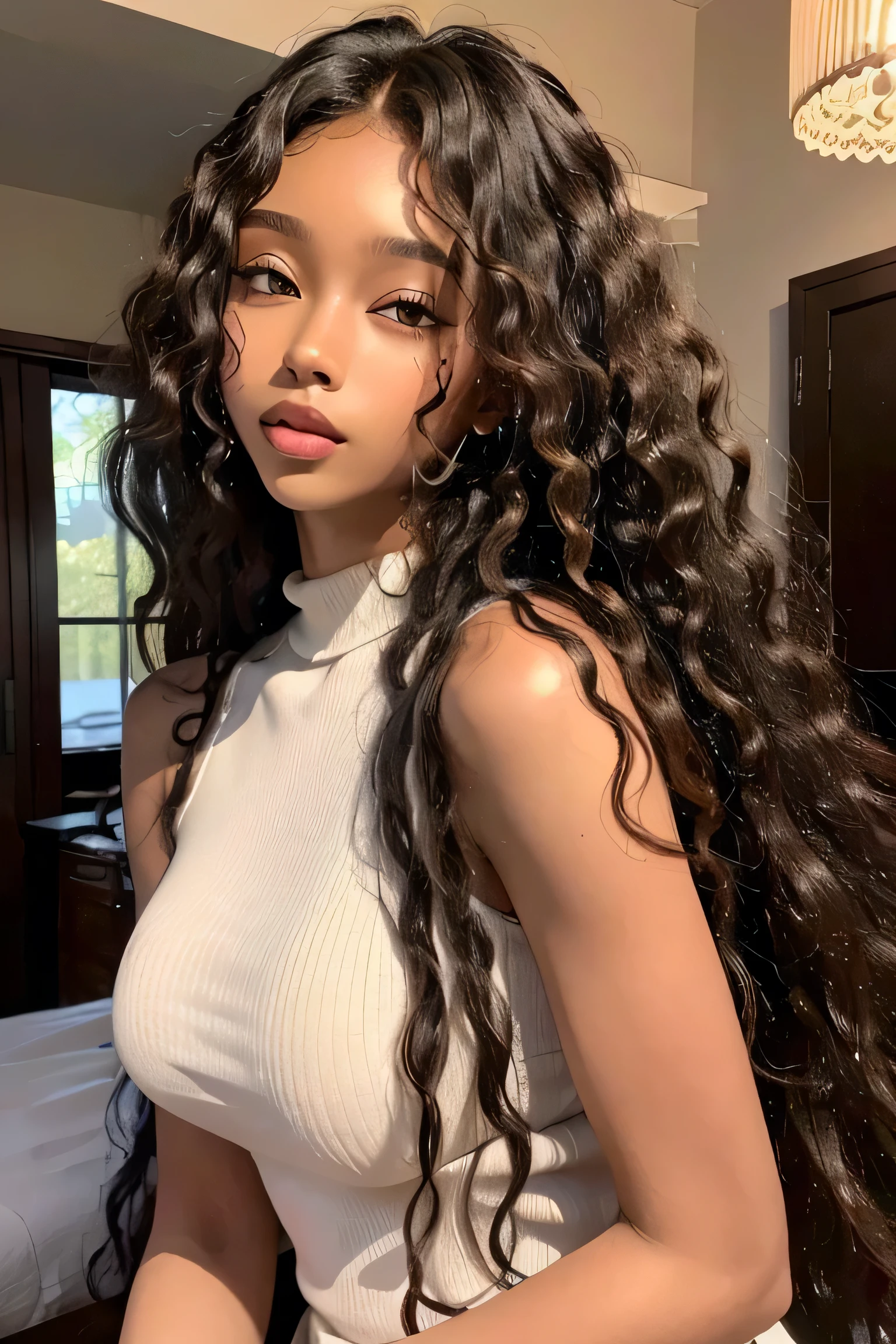  masterpiece, best quality, beautiful black mixed 19 year old, light brown skin female, long, frizzy, curly blond hair, perfect face, half body, long blond curly hair, melanin 
