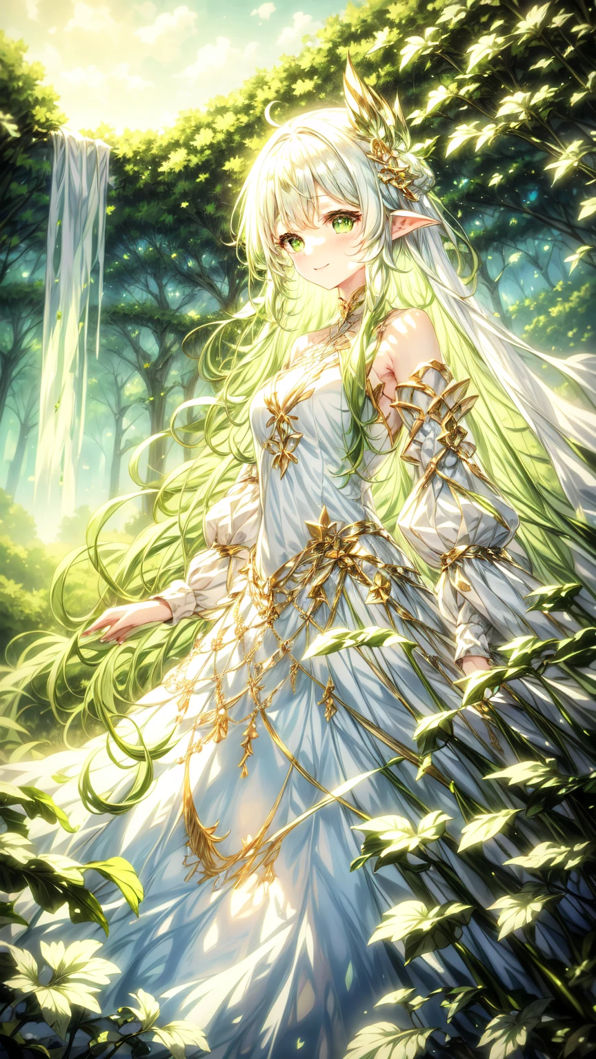 magical、  looking at the camera  、A smile、 fluffy and long green hair、hair in the wind、Colossal 、neckline、  White princess dresses  、Courtesy、  in the woods、Lots of overgrown plants  ,rukkadevata,long skirt