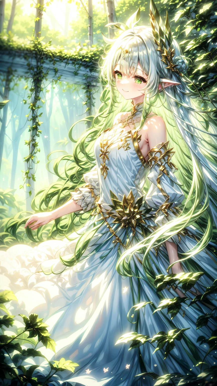 magical、  looking at the camera  、A smile、 fluffy and long green hair、hair in the wind、Colossal 、neckline、  White princess dresses  、Courtesy、  in the woods、Lots of overgrown plants  ,rukkadevata,long skirt