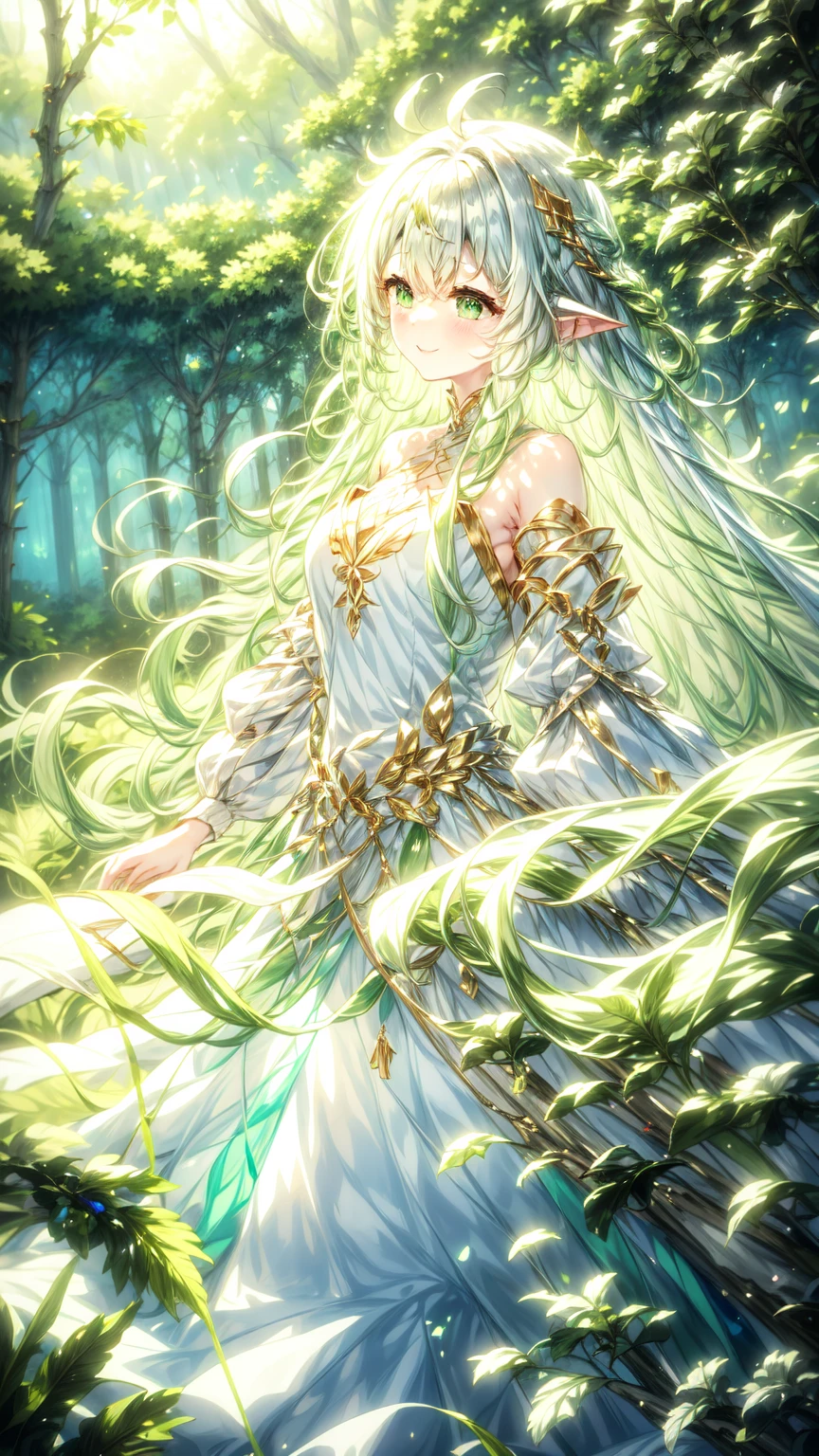 magical、  looking at the camera  、A smile、 fluffy and long green hair、hair in the wind、Colossal 、neckline、  White princess dresses  、Courtesy、  in the woods、Lots of overgrown plants  ,rukkadevata,long skirt