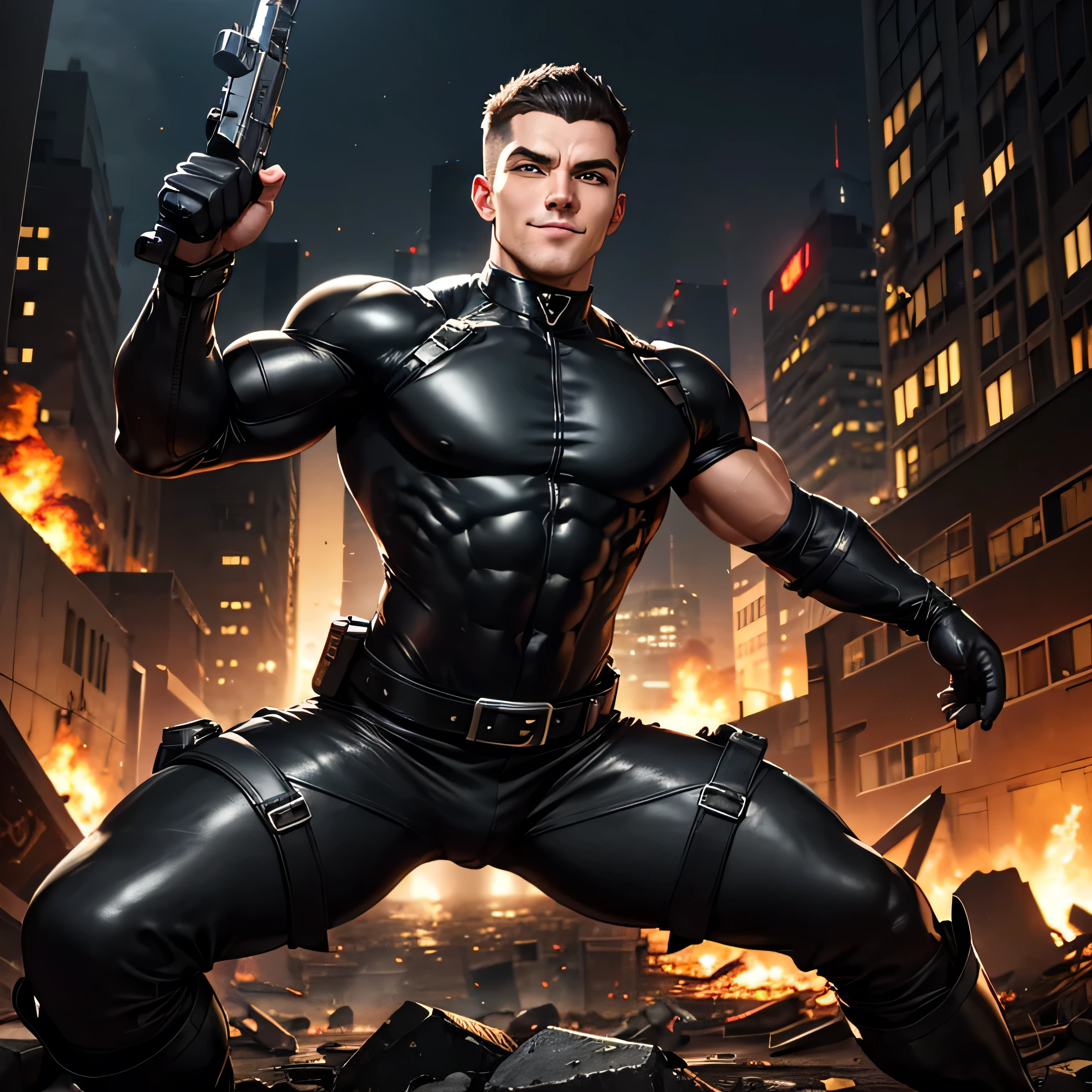 Age 27,  One Man,Muscular、 black bodysuit 、 black leather pants 、Shocker Belt、 black gloves 、  black boots 、Combatant、Combat pose、 Face、City of Rubble　bombing　inflammation　　 feet 　Spread it out、 cool battle pose 、Gay、logic、Handsome soldier　　Cool guy　　  Upper Body Up 　Release the machine gun　Smile