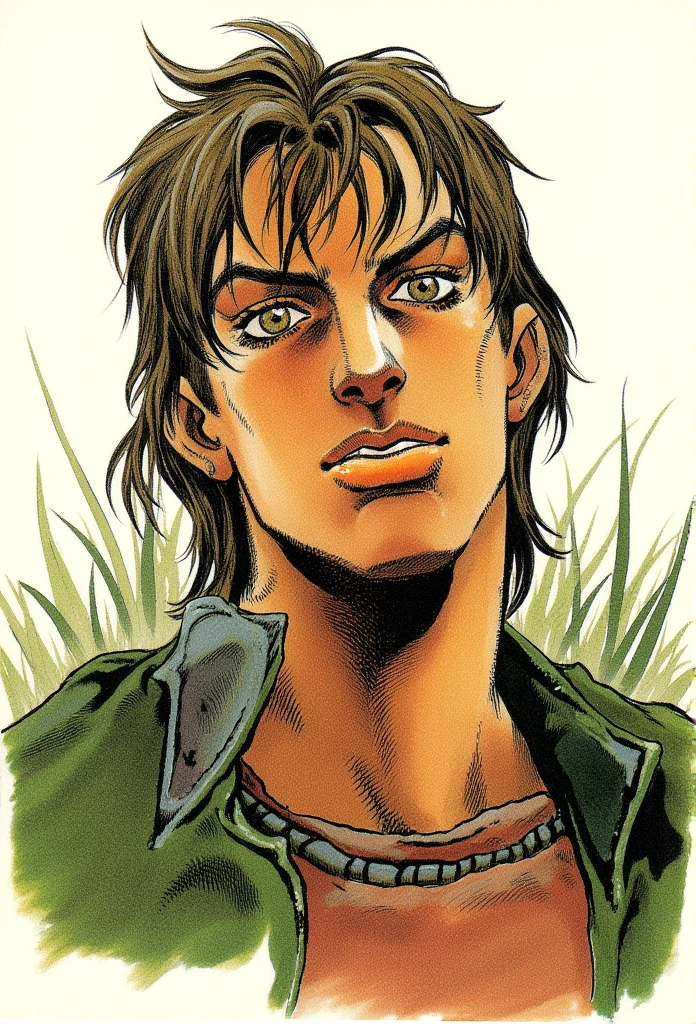 In a strikingly intricate traditional art style reminiscent of Hirohiko Araki, 
Portrait of a stoic frontier tracker in 1890s America: Hair combed straight but parts oddly due to a cowlick, creating an unintentional but distinctive pattern
Natural discoloration around mouth that looks like faded lipstick
Wears a normal coat but with one sleeve slightly shorter due to an old injury
Has slightly misaligned teeth that show when speaking, Hirohiko Araki, Jojo, manga, colored manga, Jojo sbr