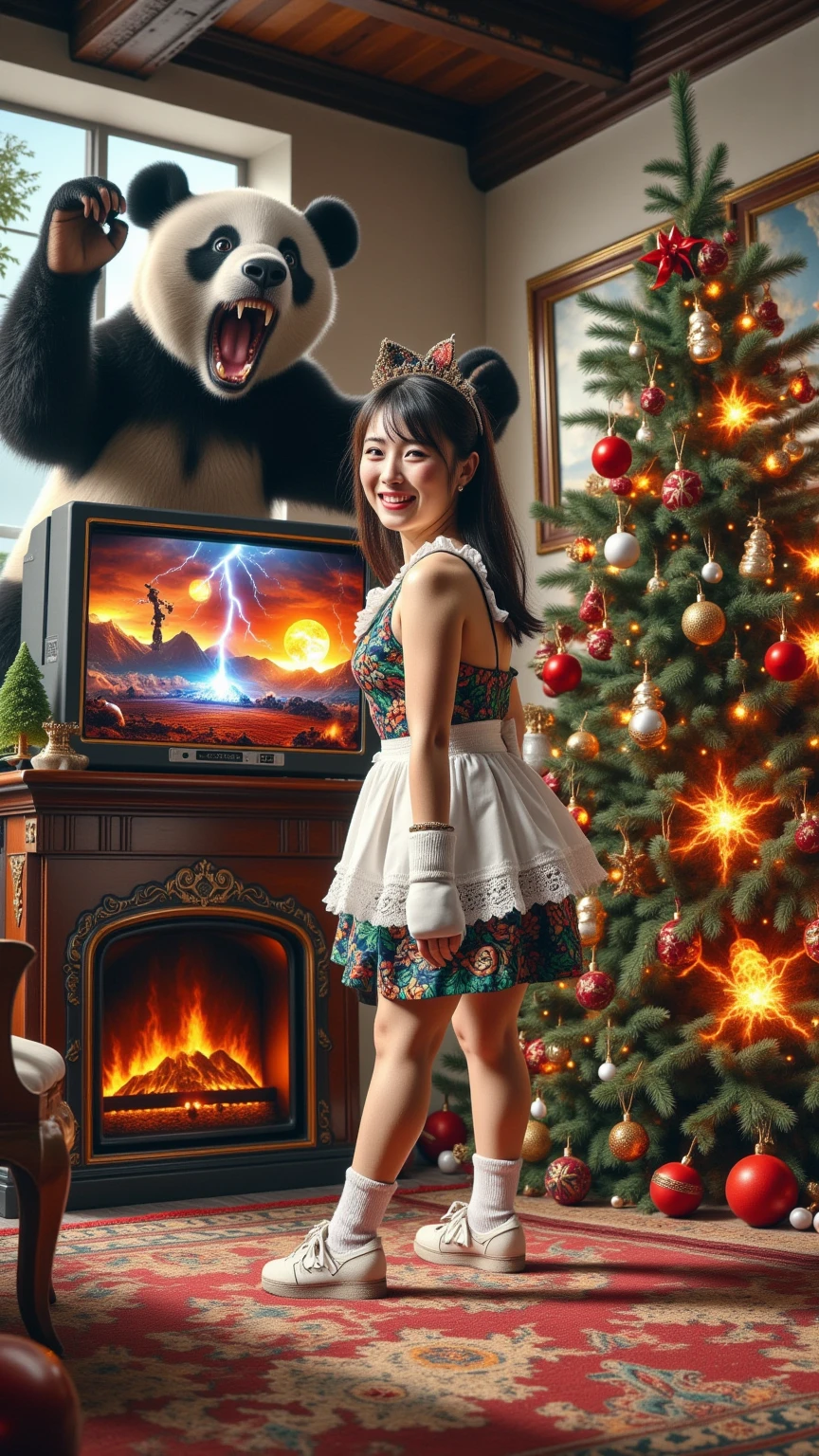 ultra-realistic, photorealistic, dramatic scene, shadow, global-illumination, solo, (a beautiful Japanese maid girl is decorating a Christmas tree in a antique room of the old European castle), cute colored maid costume, gorgeously antique furnishings, gorgeously decorated with Christmas decoration in the room, the large vintage TV displays\(Muay Thai fighter vs. terrifying man-eating panda, there are the shouting Muay Thai fighter and terrifying panda with fang, volcano, thunder, giant meteorite, galaxy, blackhole, missile, explosion, Muay Thai fighter shows extremely painful expressions\), bright ceiling lighting in the room, peaceful sunny day, she is looking back and showing a gentle smile, dynamic angle, flying terrifying panda