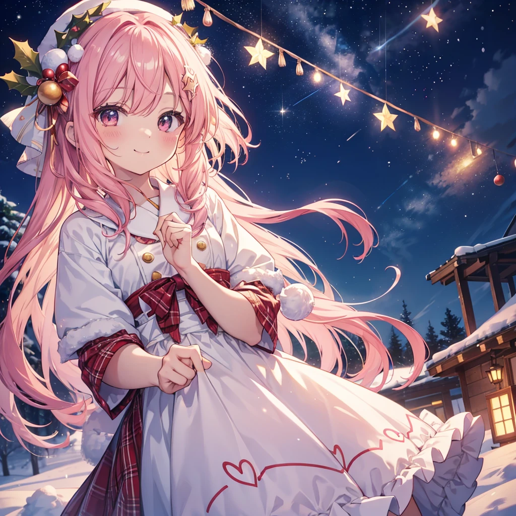 かわいいアニメ looking up  Smiling s、、 Dynamic、 long hair、 cute anime pink haired girl looking up at Christmas tree connecting hearts ,( looking up , best smile、 Christmas style ,Snow Scene,)Night Sky,Dreamlike、 enchantment、 Shine、Warm colors、 soft lighting , Smiling s、星のようにShine 心をつなぐ、Melody of Kindness 