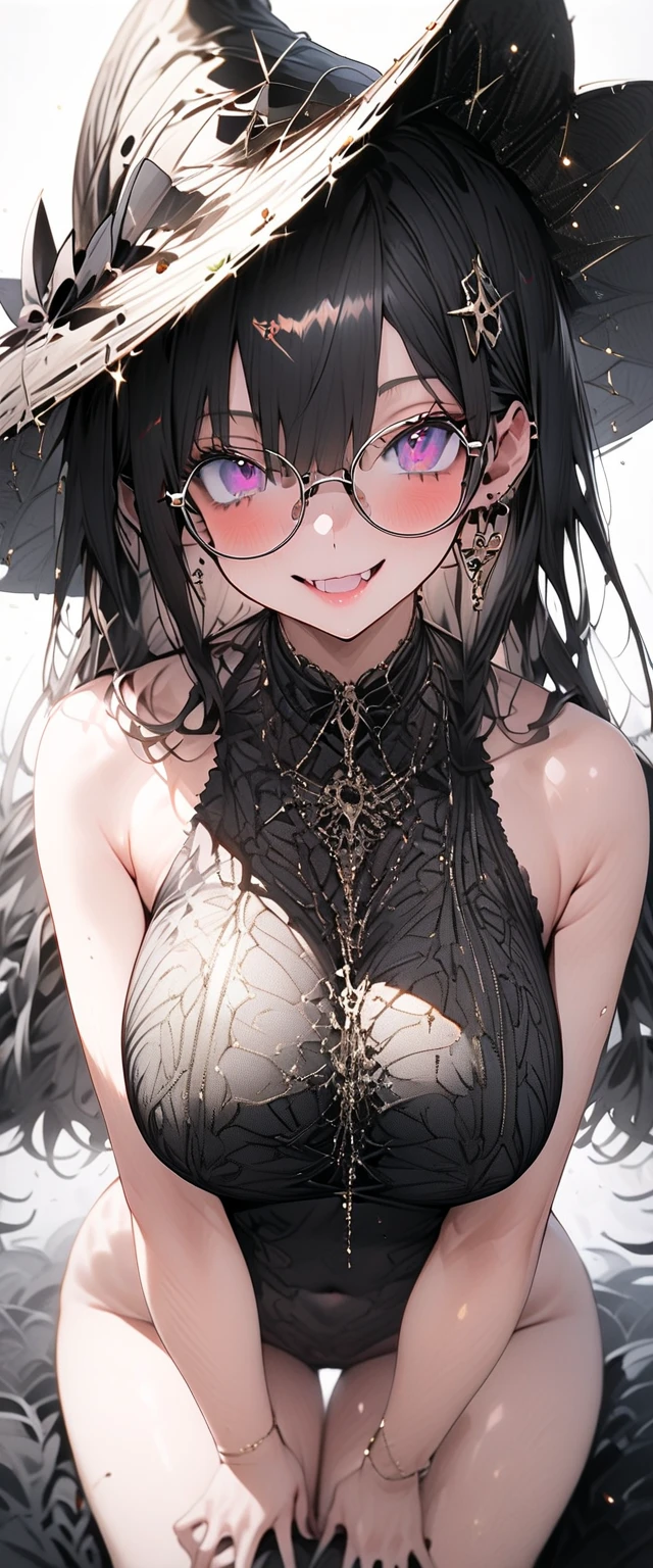 (masterpiece, best quality), 1girl, messy hair, choker, black silk pajamas, see-through, glasses,