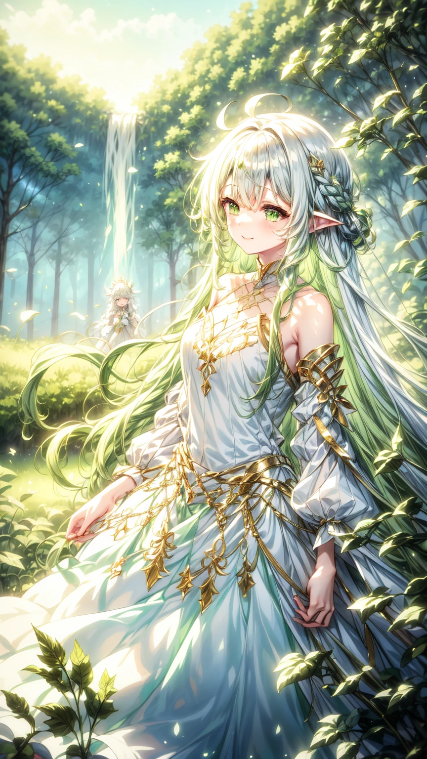 magical、  looking at the camera  、A smile、 fluffy and long green hair、hair in the wind、Colossal 、neckline、  White princess dresses  、Courtesy、  in the woods、Lots of overgrown plants  ,rukkadevata,long skirt