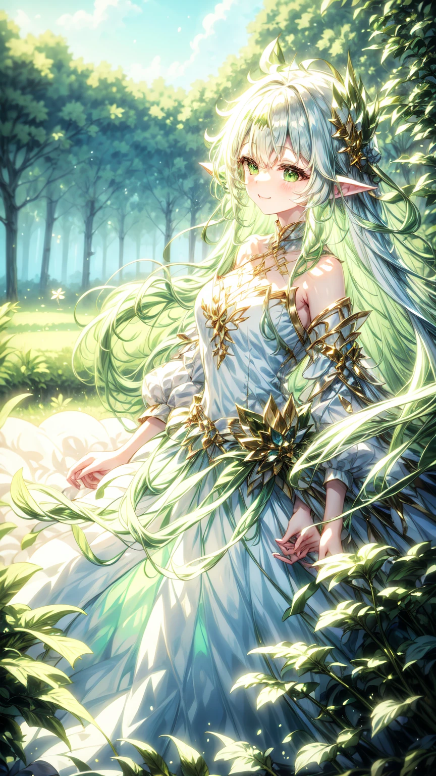 magical、  looking at the camera  、A smile、 fluffy and long green hair、hair in the wind、Colossal 、neckline、  White princess dresses  、Courtesy、  in the woods、Lots of overgrown plants  ,rukkadevata,long skirt