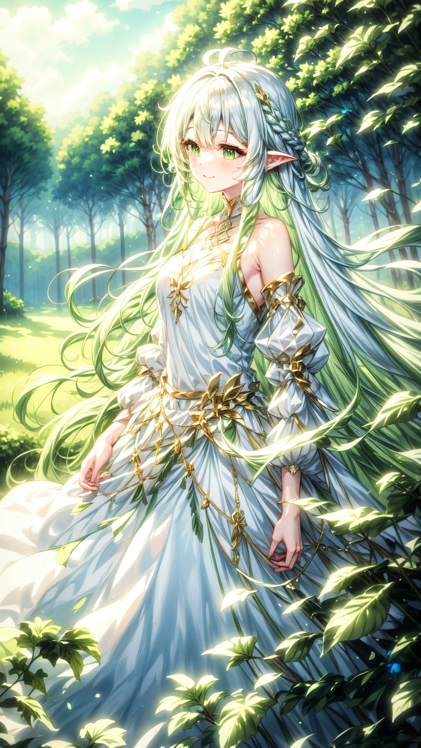 magical、  looking at the camera  、A smile、 fluffy and long green hair、hair in the wind、Colossal 、neckline、  White princess dresses  、Courtesy、  in the woods、Lots of overgrown plants  ,rukkadevata,long skirt