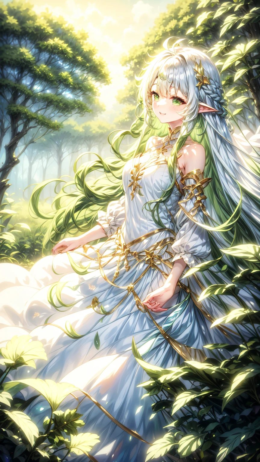 magical、  looking at the camera  、A smile、 fluffy and long green hair、hair in the wind、Colossal 、neckline、  White princess dresses  、Courtesy、  in the woods、Lots of overgrown plants  ,rukkadevata,long skirt