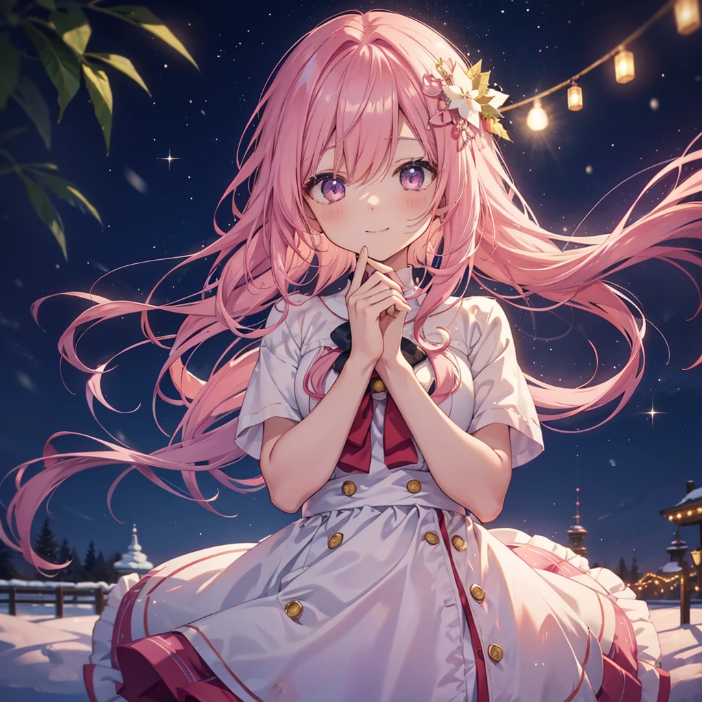  cute anime pink haired girl、 Dynamic、 long hair、 cute anime pink haired girl looking up at Christmas tree connecting hearts ,( best smile、 Christmas style ,Snow Scene,)profile,,Night Sky,Dreamlike、 enchantment、 Shine、Warm colors、 soft lighting , Smiling s、星のようにShine 心をつなぐ、Melody of Kindness 