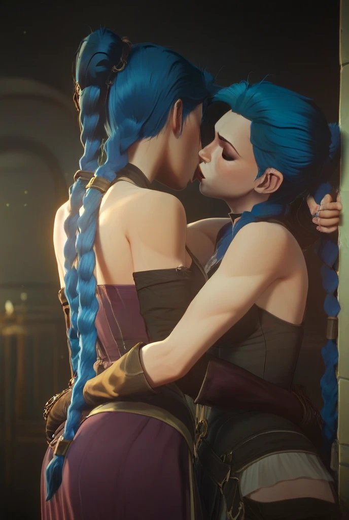  The scene shows two women in an intimate and romantic moment .  They are placed under dim lighting that highlights their expressions and contrasting personalities .  The first woman has electric blue hair ,  long and styled in two messy braids ,  reflecting a chaotic and passionate spirit .  His eyes shine with intensity ,  as if they were hiding a storm of complex emotions .  He wears a casual and rebellious outfit ,  with details that show her indomitable nature .

 Women have hair dark blue gathered in a tall and tidy ponytail ,  projecting serenity and control .  His face is soft and calm ,  with a look that transmits understanding and affection . dress elegantly,  reflecting their refined door and disciplined nature .

 Both are hugging each other tightly ,  sharing a kiss full of emotions ,  as if the surrounding world had ceased to exist .  The contrast between their chaos and calm creates a unique harmony .  The background is a bridge with a view of Piltover and Zathan A ,  the bright lights of the city contrast with the deep shadows that represent the challenges of their relationship.

 The scene is imbued with vulnerability and connection ,  symbolizing the struggle between their differences and the bond that unites them .  The lighting plays with their silhouettes ,  highlighting the details of the hair , the clothes and the expressions ,  while the urban background gives context to their story .