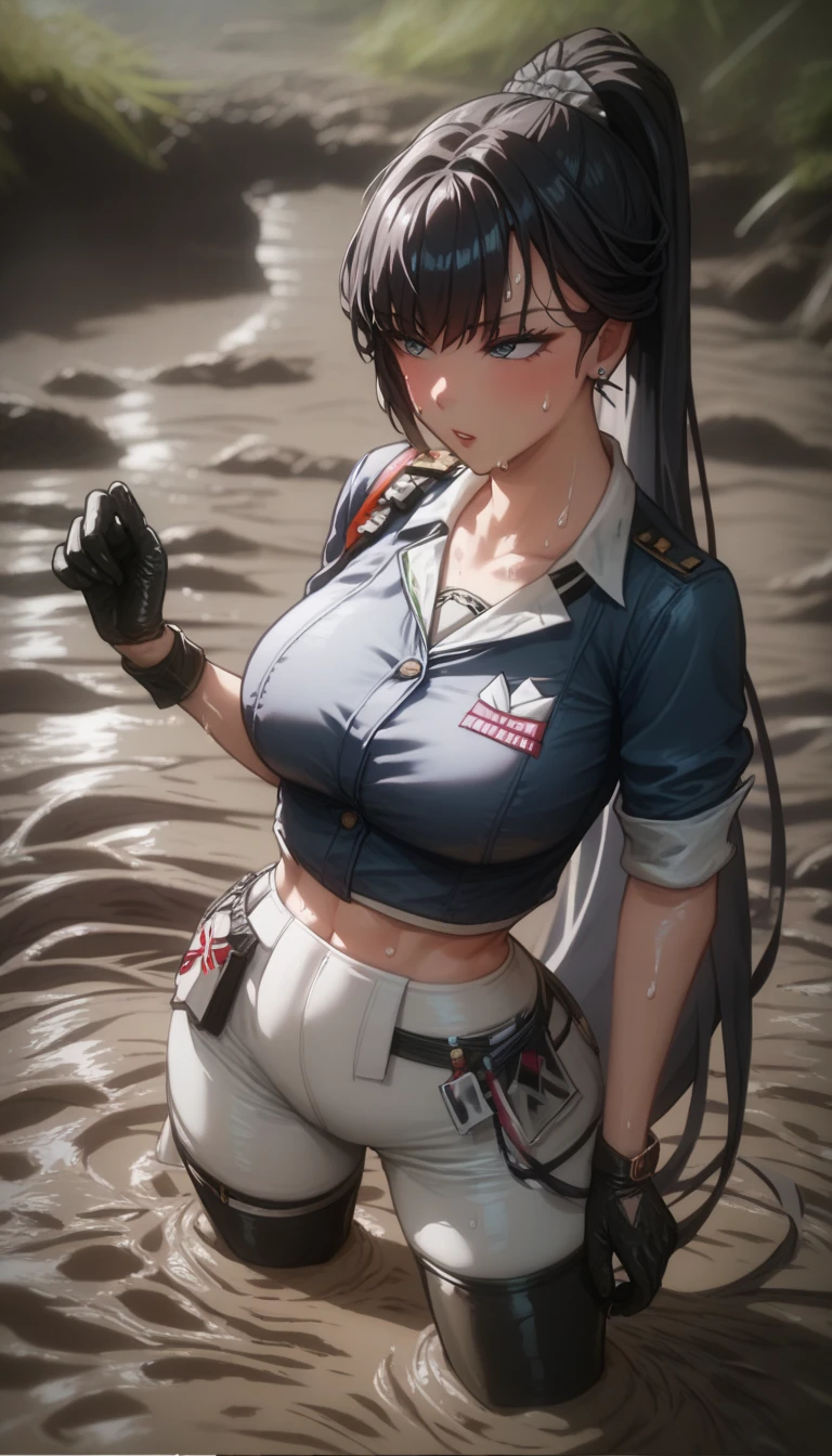 Marciana ( GODDESS OF VICTORY:nod), black thigh high boots in,white skinny pants ,dark blue shirt with rolled up sleeves ,Black gloves, dark hair ponytail ,,, standing with different breasts ,sweat,底なしSwamp,Swamp,Quick sand,Be buried(Up to the waist),Muddy,