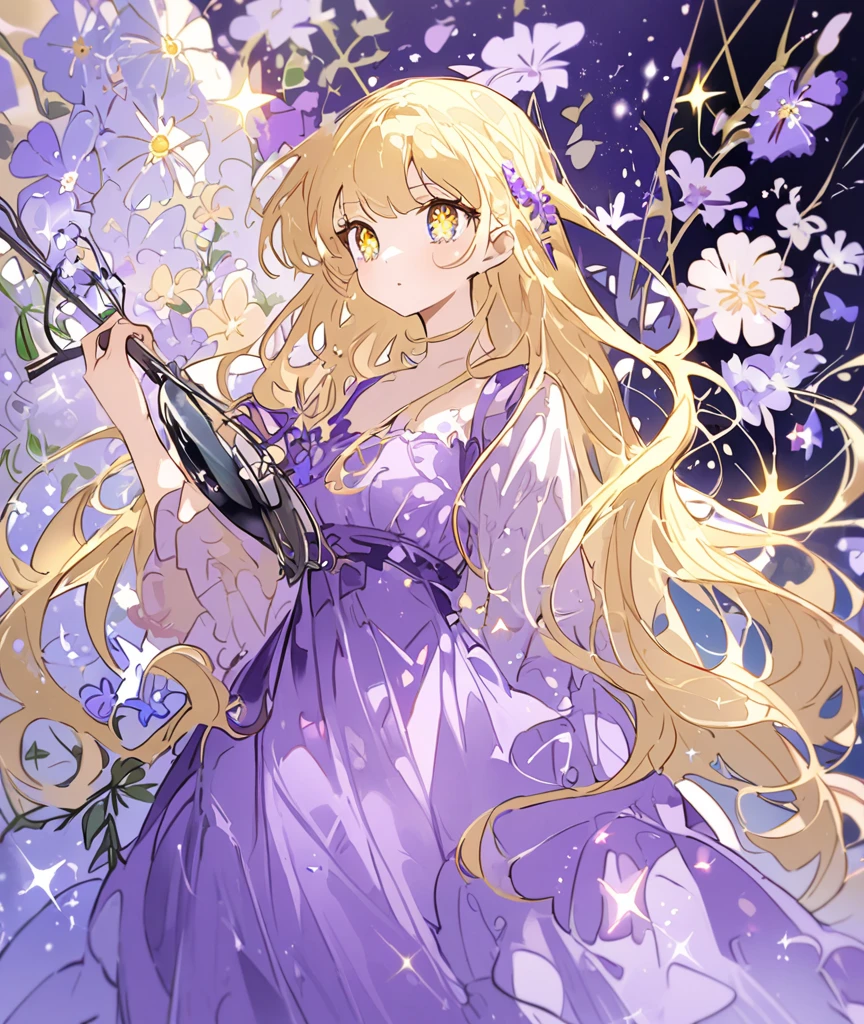  Very Long Blonde 、 Her Hair Is Scattered With Flowers、 Big, Sparkling Light Eyes 、 long lashes、Purple Dress、Chameleon's Friend 、 Holding a Frying Pan in One Hand 