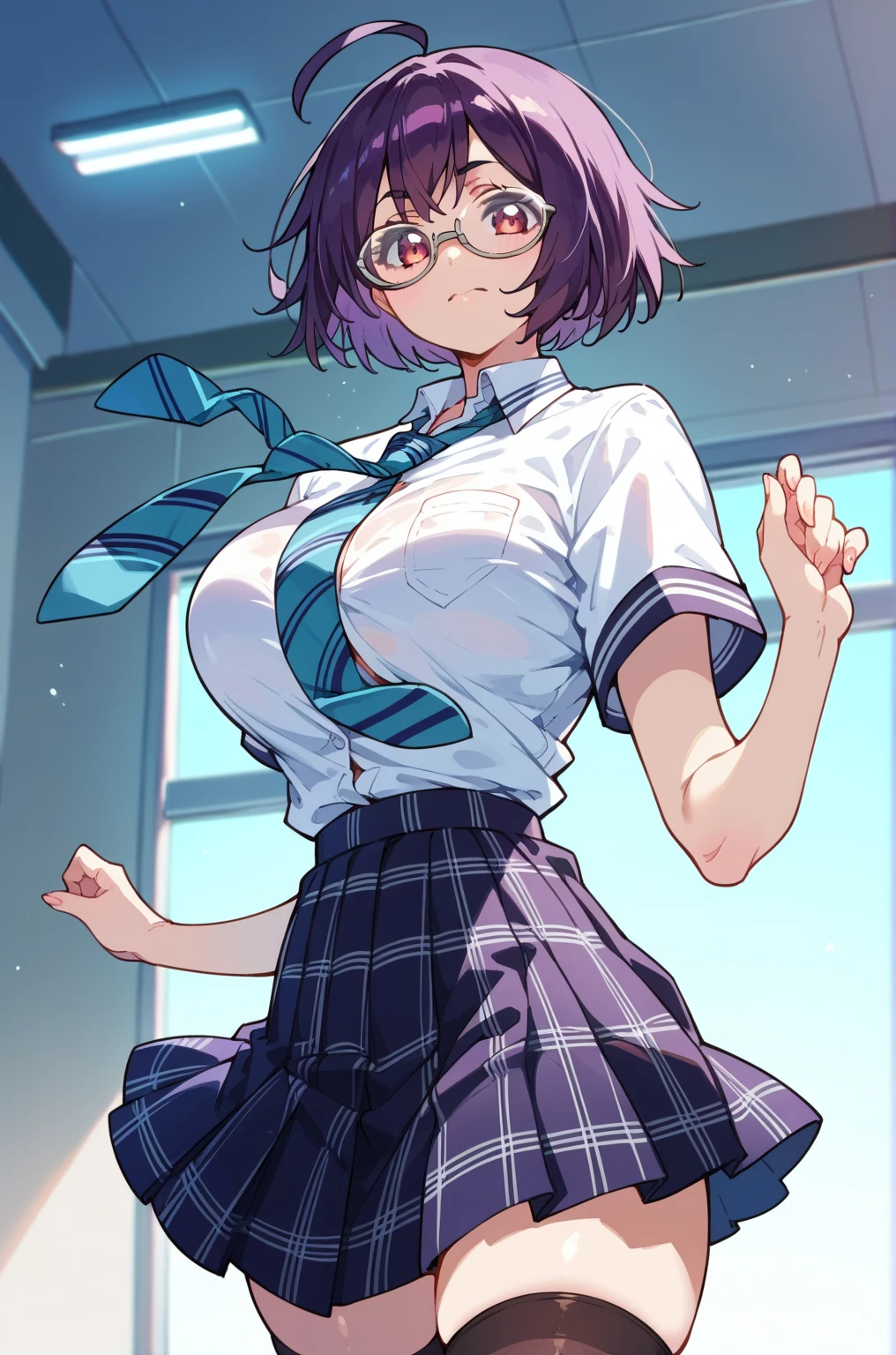 akari himeno,short hair,ahoge,glasses,short hair,school uniform,shirt,thighhighs,necktie,skirt、Big Breasts　Health Room