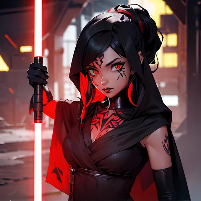 The girl is a Sith padawan. She is wearing a black top and underpants. her skin is covered with black tattoos. She has red-yellow eyes. She holds a red lightsaber in right hand.