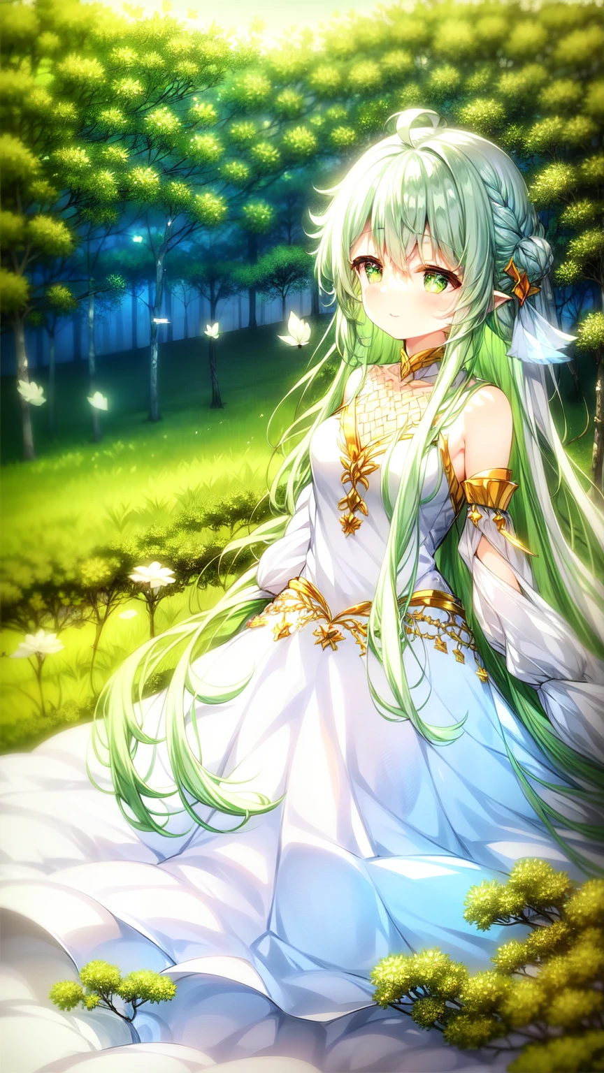 magical、  looking at the camera  、A smile、 fluffy and long green hair、hair in the wind、Colossal 、neckline、  White princess dresses  、Courtesy、  in the woods、Lots of overgrown plants  ,rukkadevata,long skirt