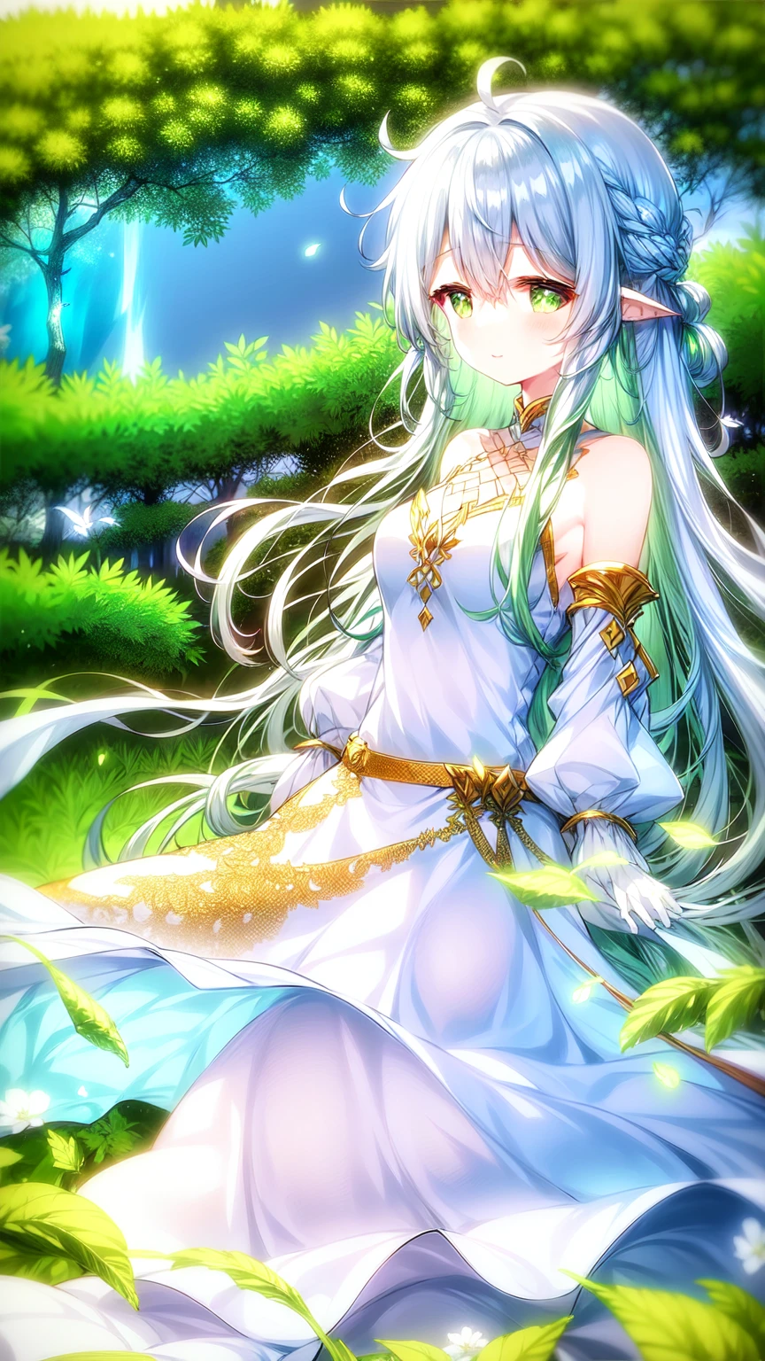 magical、  looking at the camera  、A smile、 fluffy and long green hair、hair in the wind、Colossal 、neckline、  White princess dresses  、Courtesy、  in the woods、Lots of overgrown plants  ,rukkadevata,long skirt