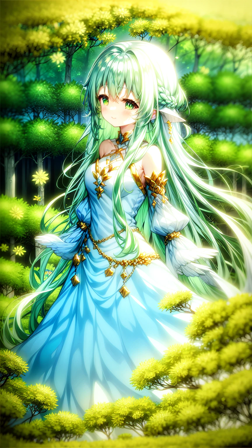 magical、  looking at the camera  、A smile、 fluffy and long green hair、hair in the wind、Colossal 、neckline、  White princess dresses  、Courtesy、  in the woods、Lots of overgrown plants  ,rukkadevata,long skirt