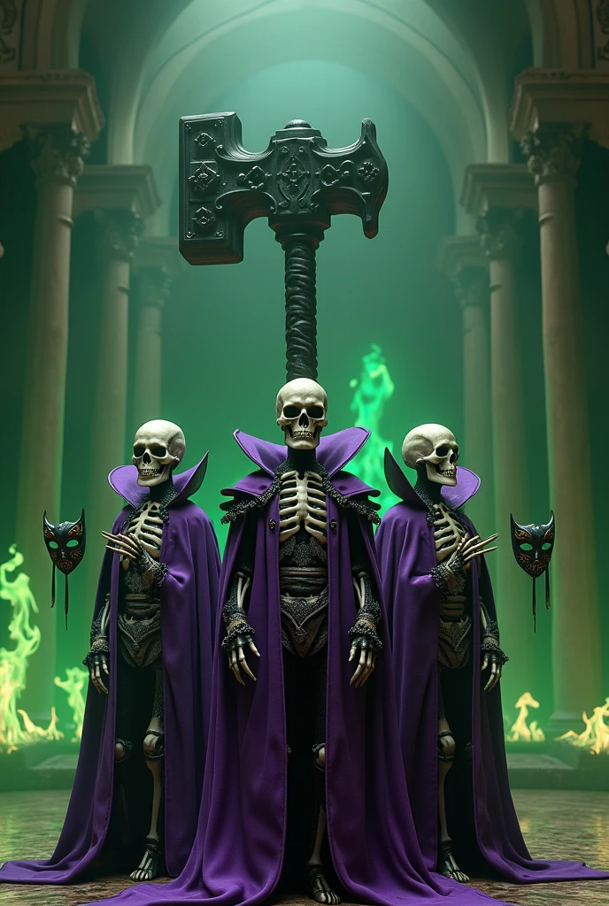 acrobat skulls wear purple 18th century lord clothes ((holding ball masks)) amidst a theater set in green flames, war hammer, Dark fantasy