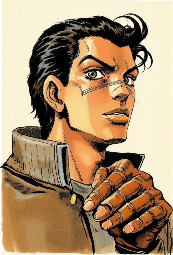 In a strikingly intricate traditional art style reminiscent of Hirohiko Araki, 
Portrait of a stoic frontier tracker in 1890s America: Hair cut short at back and sides but with a specific longer section that curves over right temple, always drawn with same distinctive shape (like how Blackmore's ponytail has that specific silhouette)
Two thin parallel lines that run from outer corner of left eye down to jaw, not decorative but like a natural marking
Wears a period-appropriate coat with high collar, but collar has a specific cut that creates a sharp line across throat
Simple leather gloves but left one has distinct stitching pattern across knuckles, Face has naturally gaunt cheeks that create specific shadowing (like how Oyecomova's face has those distinctive hollow areas, Hirohiko Araki, Jojo, manga, colored manga, Jojo sbr, steel ball run